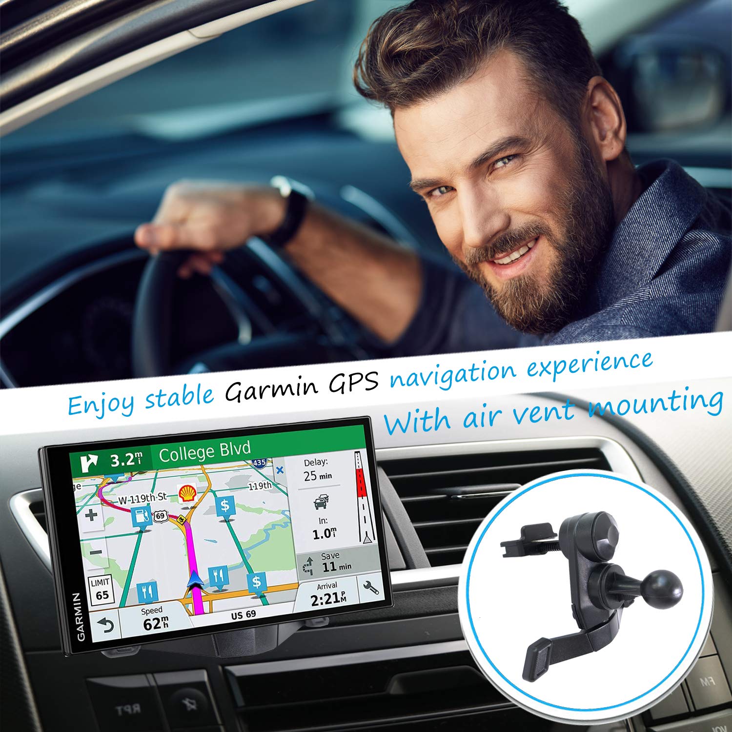 Premium Air Vent GPS Mount for Garmin Nuvi, RV, Dezl, DriveSmart & DriveAssist - Universal Car GPS Holder with Secure Clip - Perfect for Road Trips, RV Travel & Daily Commuting