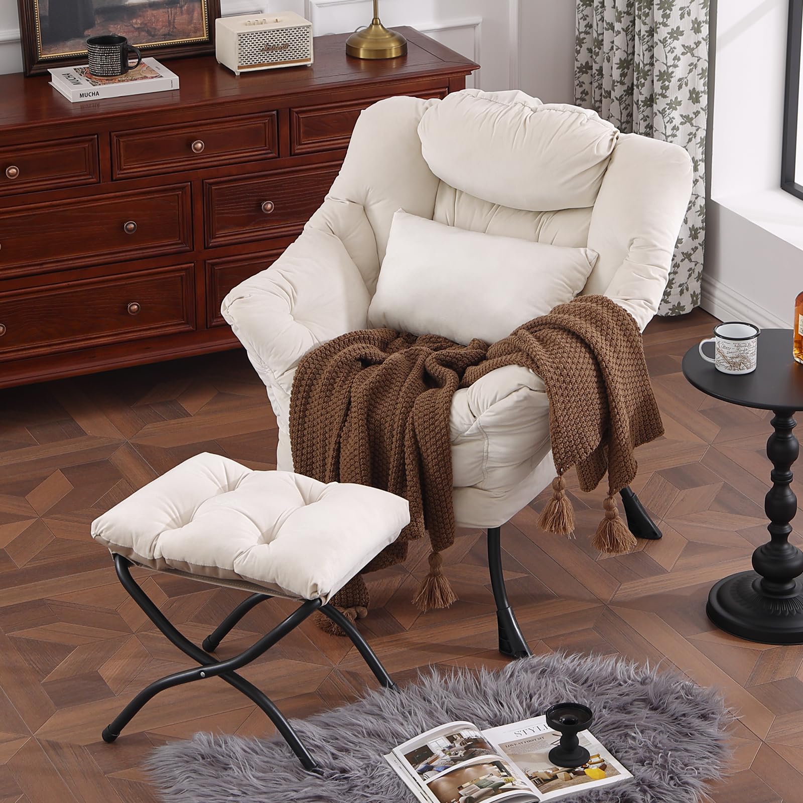 Modern Velvet Beige Lazy Chair with Ottoman - Oversized Supportive Lounge Chair with Lumbar Pillow & Folding Footrest - Perfect for Bedroom, Living Room, Reading Nook & Relaxation
