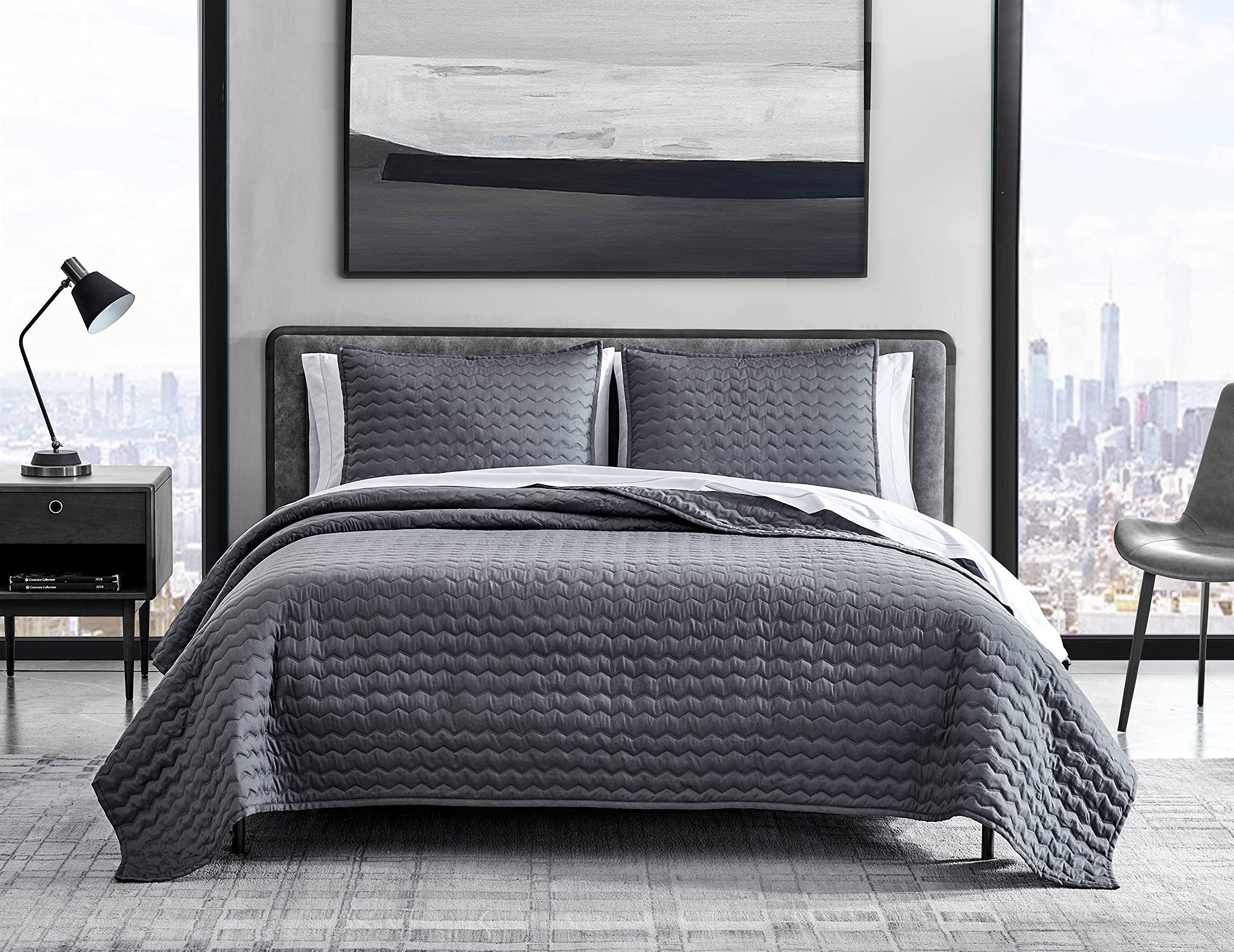 Vera Wang Queen Quilt Set - Luxury 100% Cotton Bedding Set with Matching Shams, Modern Herringbone Charcoal Grey Comforter for Master Bedroom & Guest Room Decor