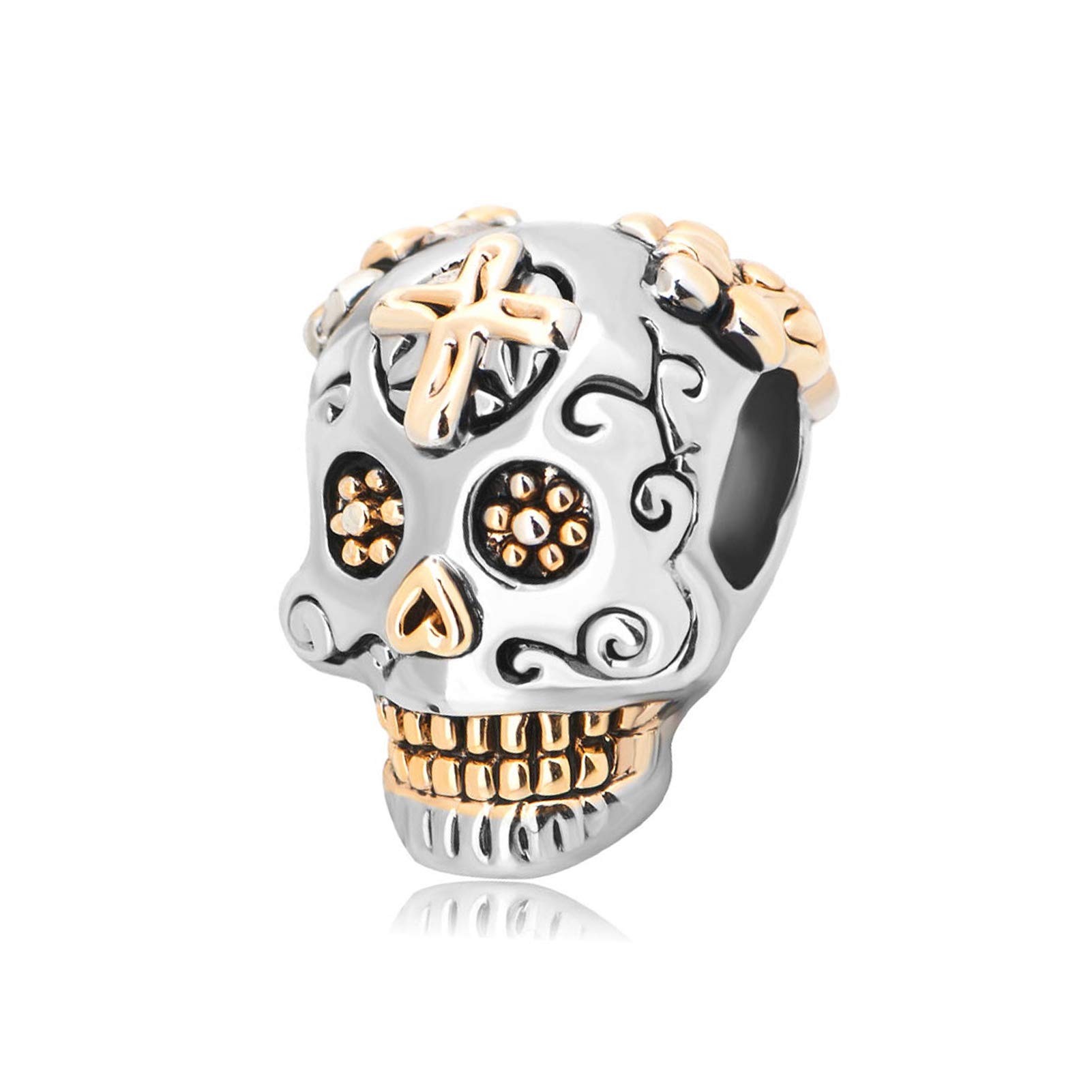 Gold Cross Sugar Skull Bead & Floral Heart Charm for Women's Bracelets - Perfect Gift for Wife, Sister, Cousin or Couple - Boho Rock Style Jewelry for Everyday Wear & Special Occasions