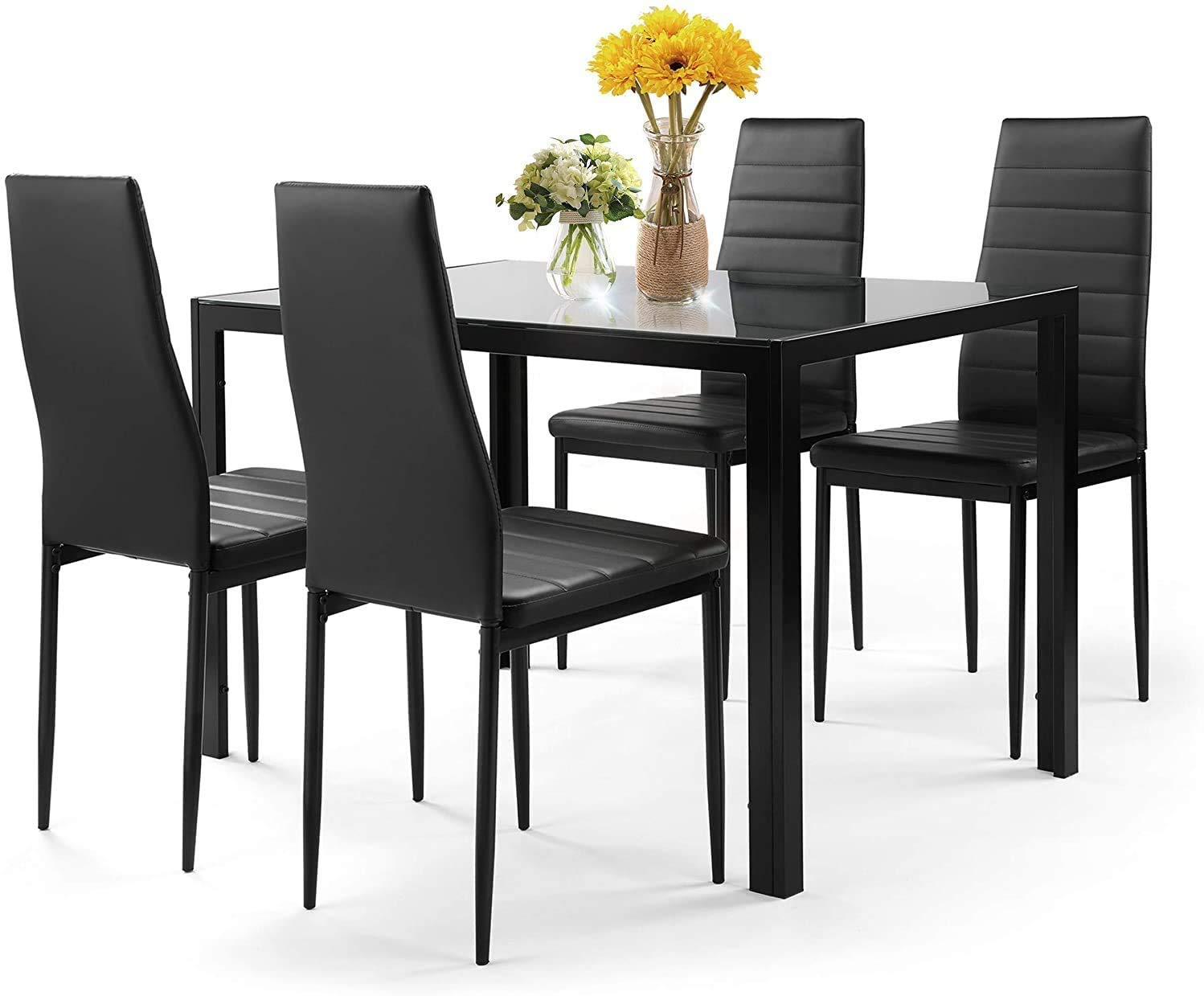 Modern Rectangle Glass Dining Table with Metal Legs - Minimalist Kitchen Table for 4 People, Clear Tempered Glass Top & Black Metal Frame - Perfect for Small Spaces, Apartments, and Contemporary Dining Rooms