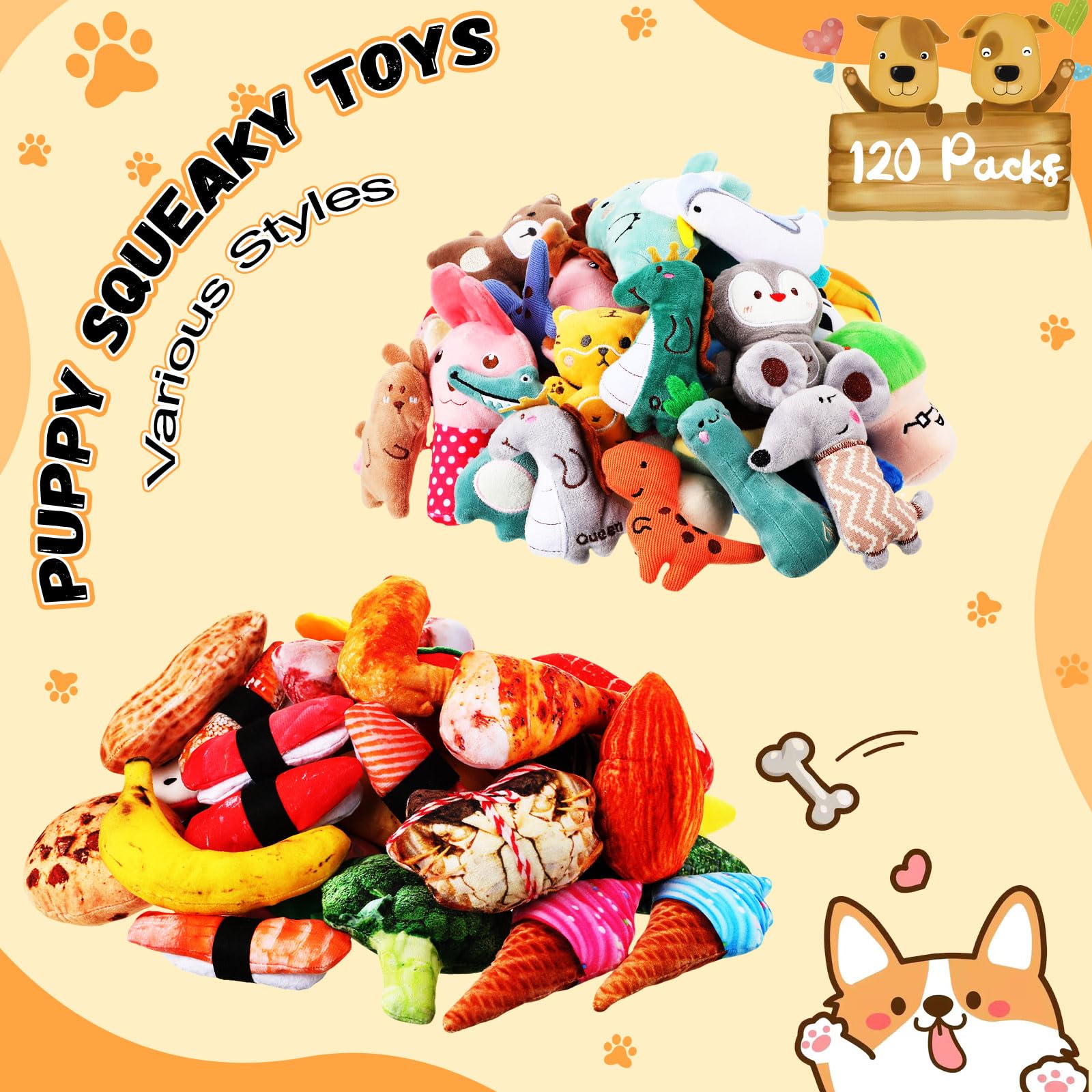 Libima 120 Pack Small Squeaky Dog Toys Bulk - Soft Plush Chew Toys for Puppies & Small Dogs - Teething Relief Pet Toys (120 Styles) - Perfect for Playtime, Training & Dental Care