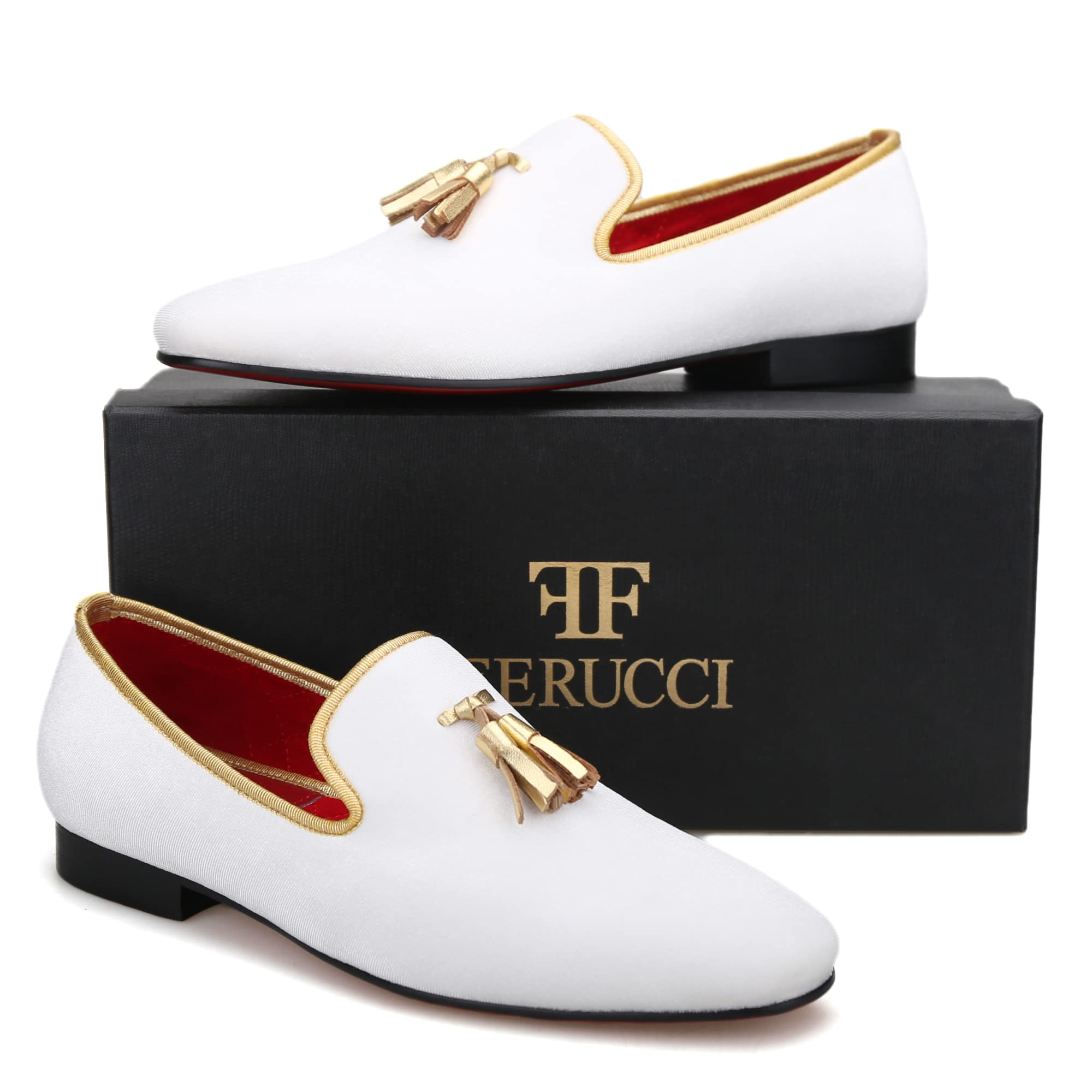 FERUCCI Men's White Velvet Loafers with Gold Tassel - Square Toe Formal Slippers for Wedding, Prom & Special Occasions - Comfortable Dress Shoes for Evening Events & Parties