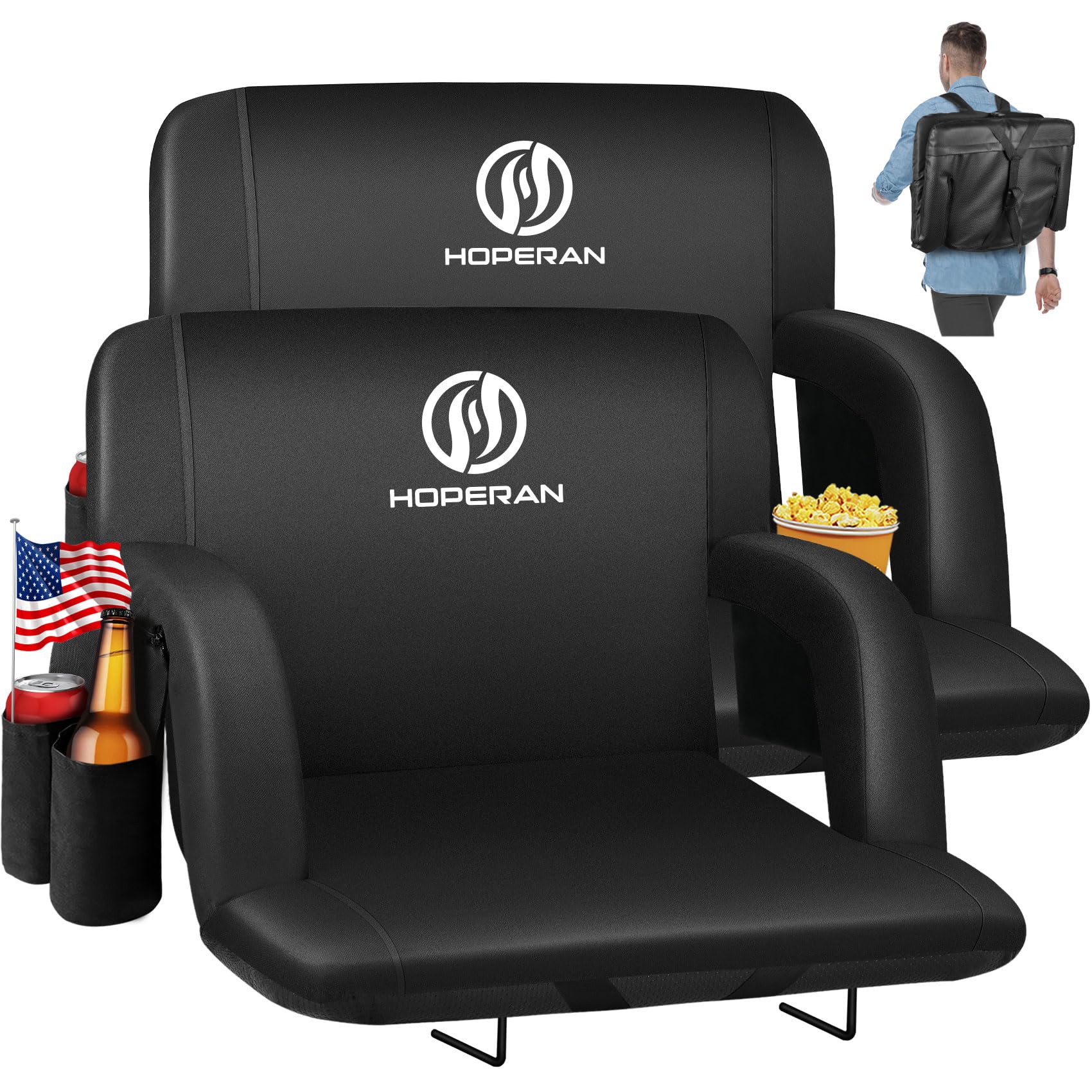 HOPERAN Portable Stadium Seats with Back Support & Cushion - 600D Waterproof Extra Wide Bleacher Chair for Outdoor Sports, Concerts, Camping & Picnics