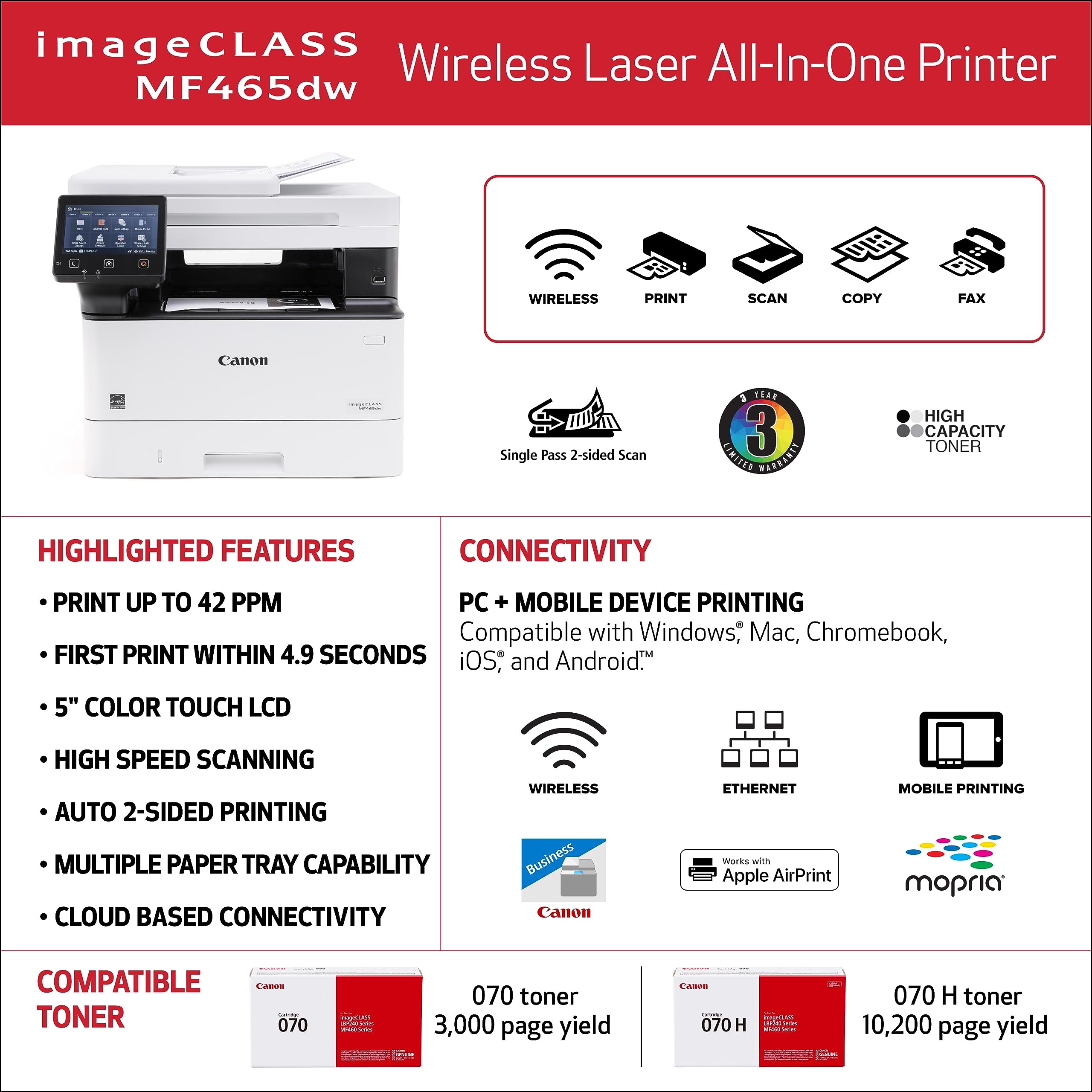 Canon imageCLASS MF465dw Wireless Monochrome Laser Printer - All-in-One with Scanner, Copier & Fax | 42ppm Fast Printing | Auto Document Feeder | Mobile Ready | Ideal for Home & Office Use | White | 3-Year Warranty | Perfect for Document Scanning, Business Reports & Remote Work Printing