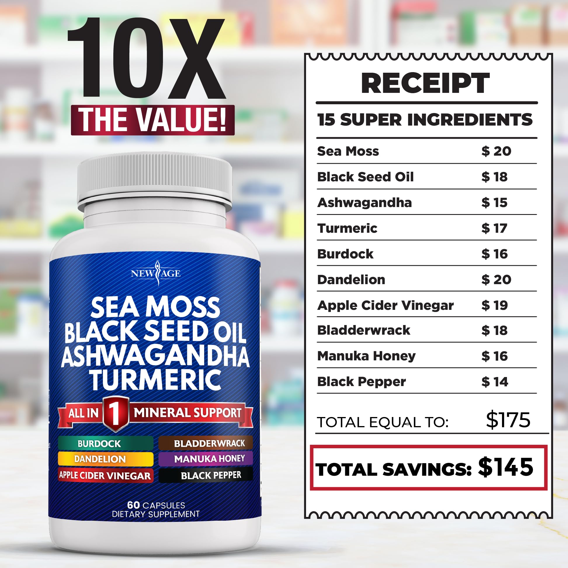 Organic Silica Sea Moss Supplement with Black Seed Oil, Ashwagandha & Turmeric - Immune Support, Joint Health & Detox - Gluten Free, Vegan - Perfect for Smoothies, Teas & Wellness Routines