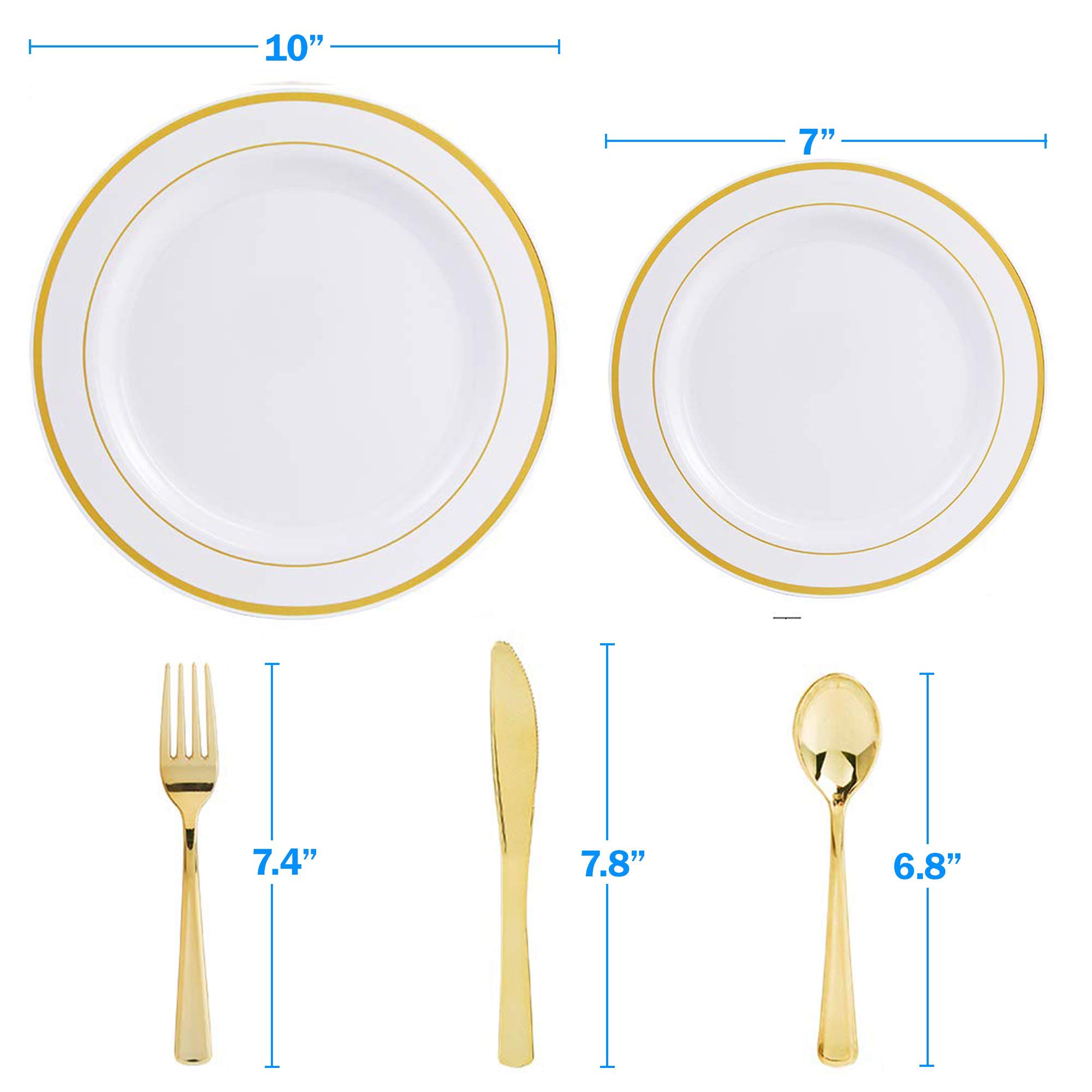 750-Piece Elegant White Plastic Dinner Plates with Gold Trim & Gold Silverware Set - Disposable Tableware for 150 Guests - Perfect for Weddings, Parties, and Catering Events