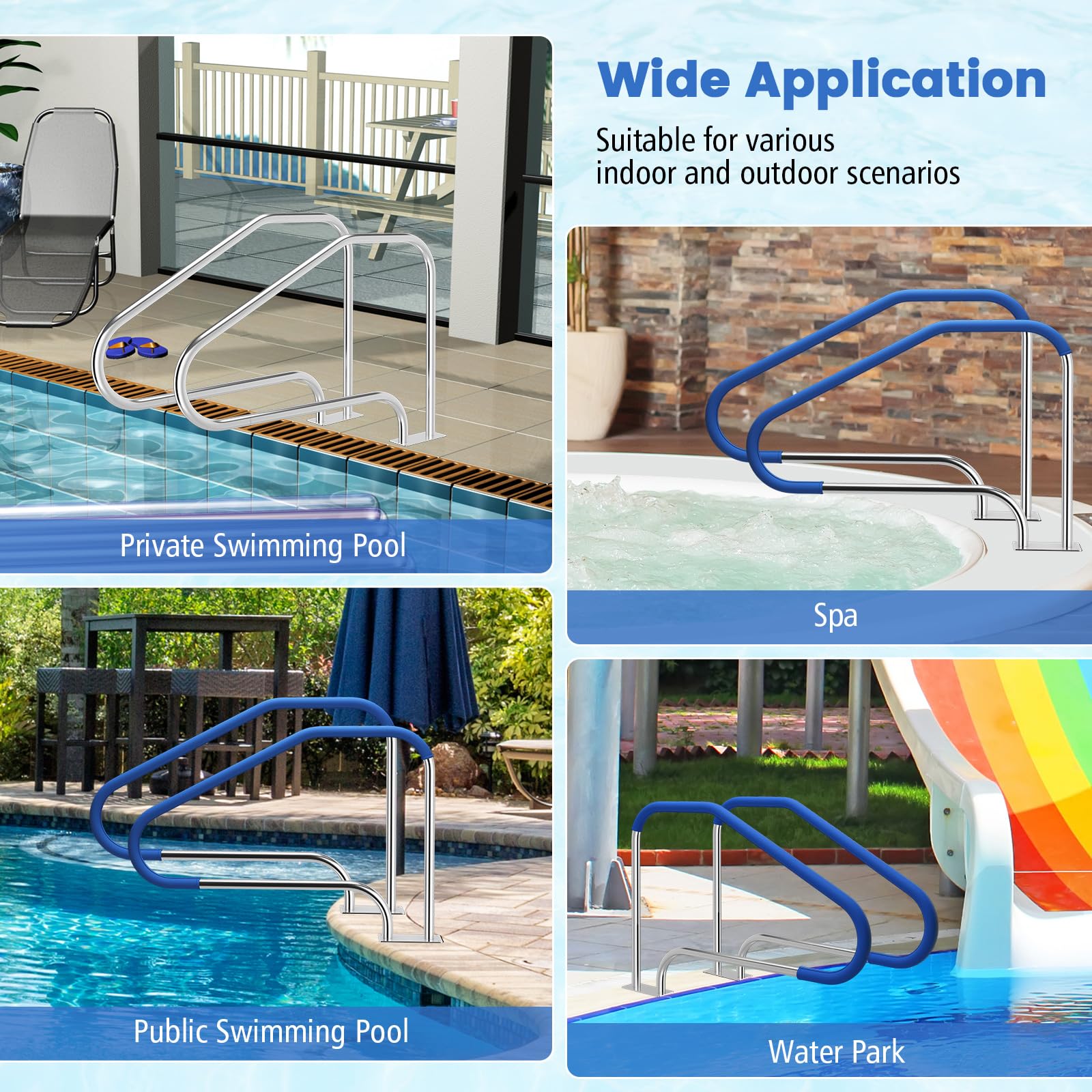Goplus 49''x34'' Stainless Steel Pool Handrail - 316 Grade, Non-Slip Grip Cover, 550LBS Weight Capacity for Inground Swimming Pools | Safety Support for Elderly & Kids | Easy Installation with Base Plate (1 Pack)