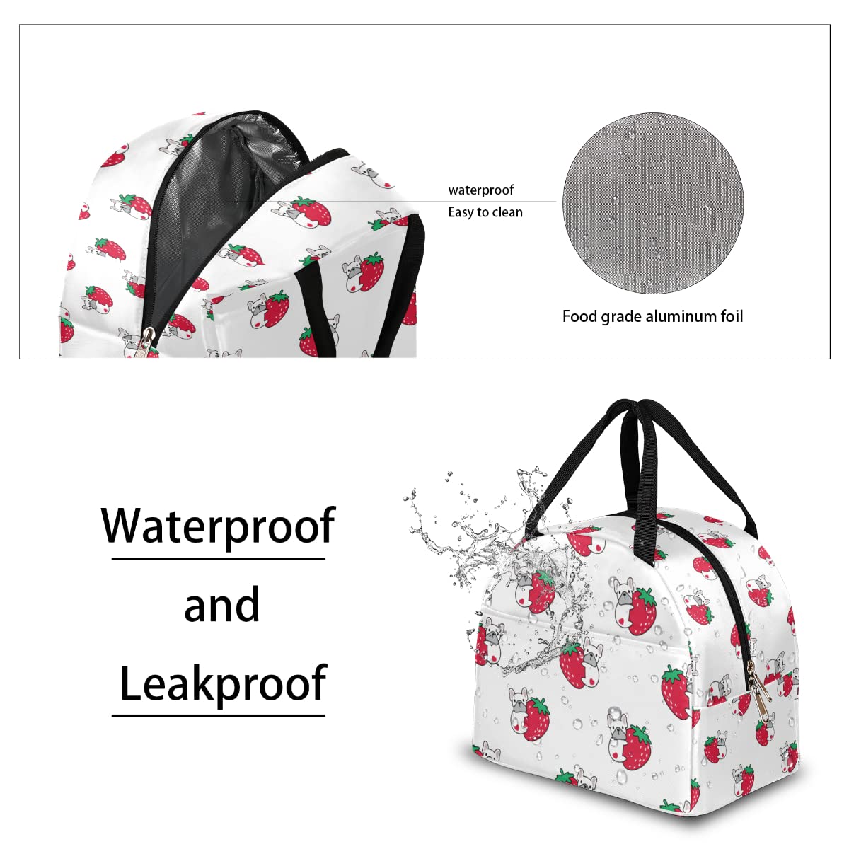 Insulated Pug Dog Lunch Bag for Women & Kids - Cute Strawberry Design Reusable Lunch Tote for Work, Office, School | Perfect for Picnics, Commuting & Meal Prep