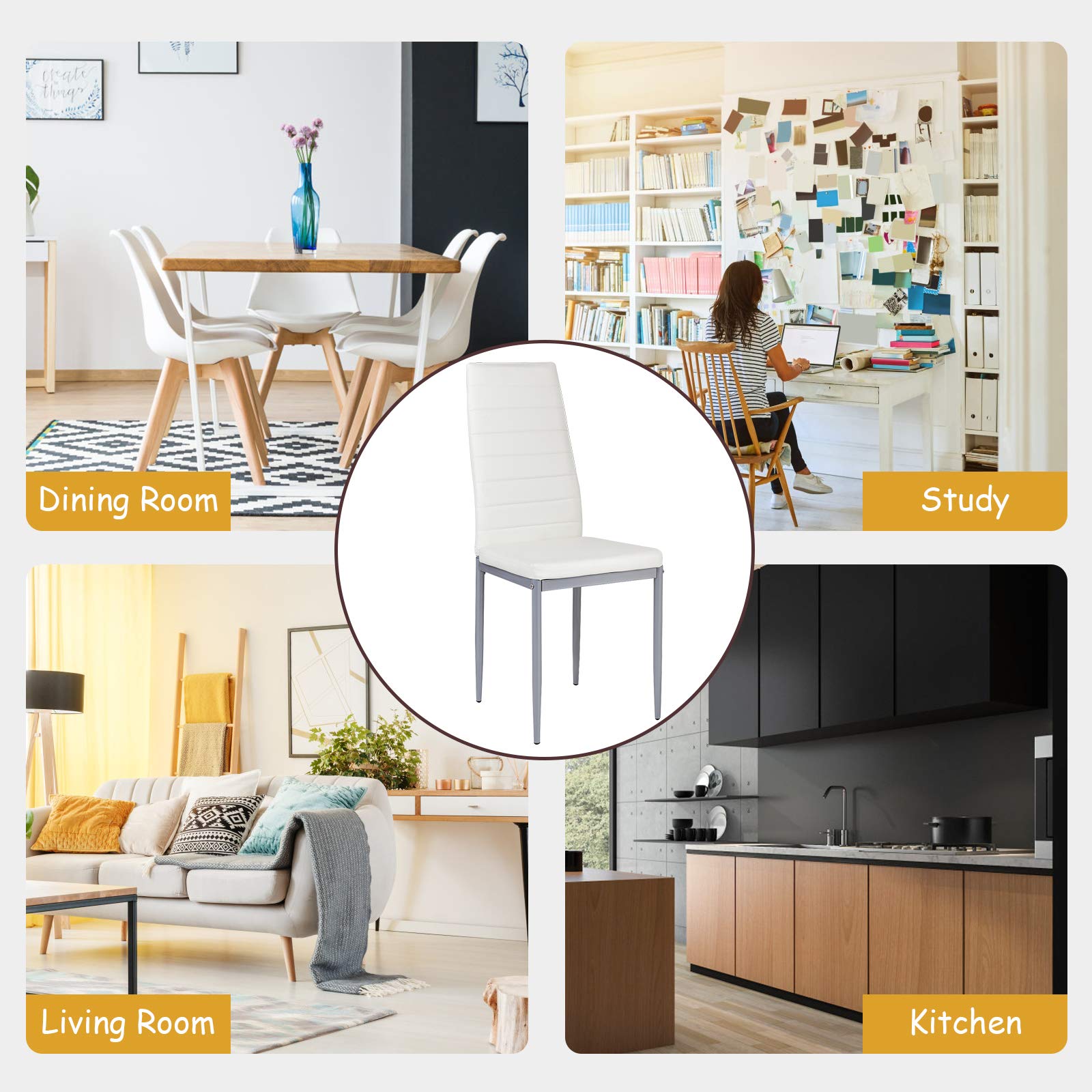 Premium PU Leather Dining Chairs Set of 4 - Ergonomic High Backrest Kitchen Side Chairs with Sturdy Steel Frame - Comfortable Upholstered Seating for Home, Restaurant & Office Use (White)