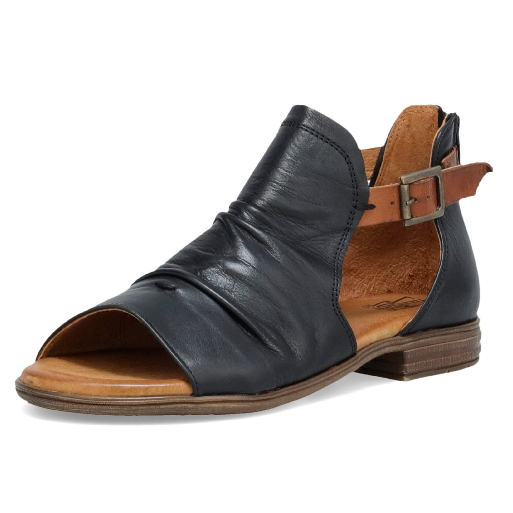 Miz Mooz Dipper Women's Leather Sandals - Peep Toe Buckle Strap Open Side Casual Summer Sandals for Beach, Vacation & Everyday Wear