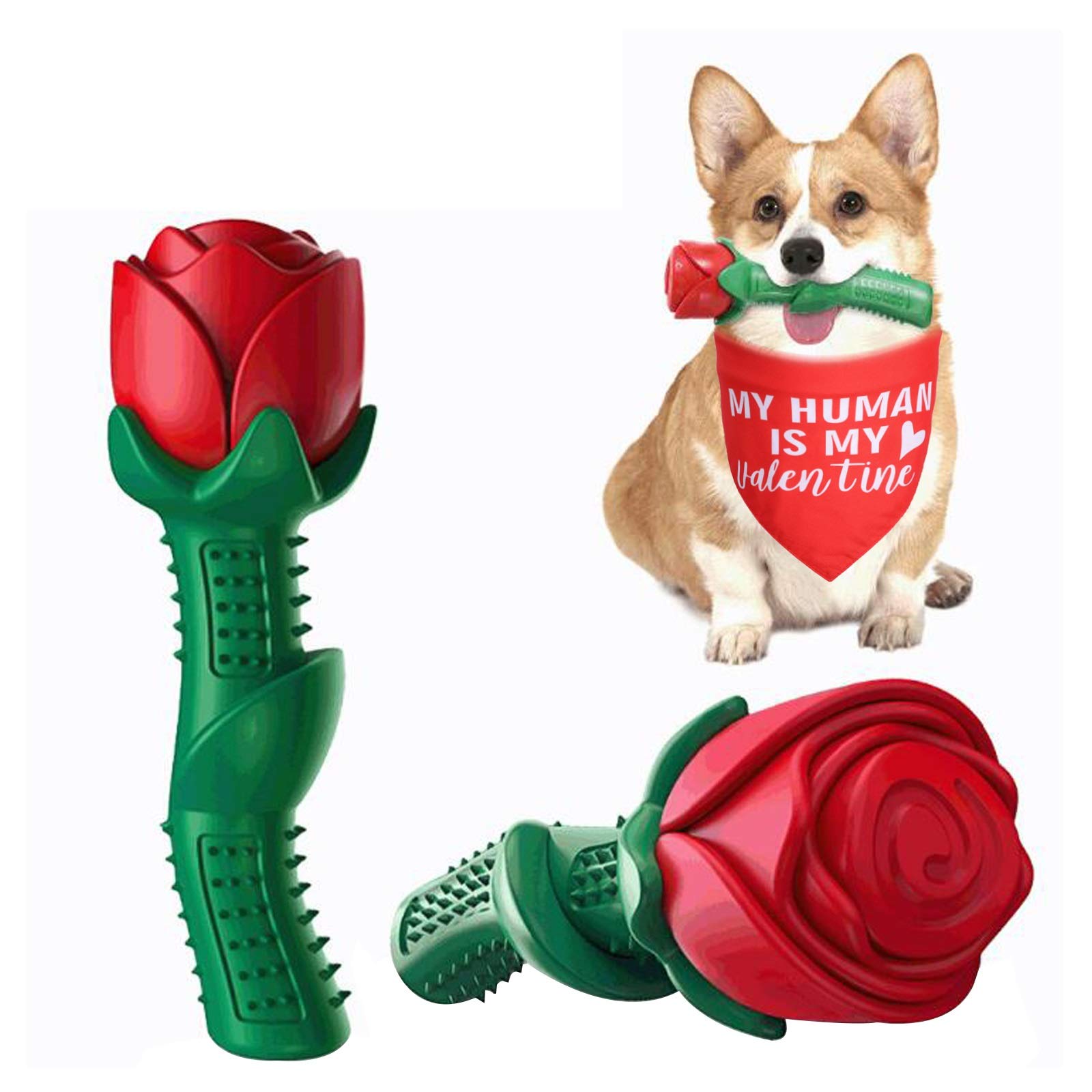 Valentine's Day Pet Bandana & Chew Toy Set for Dogs - Rose Design Dog Bandana & Durable Bite-Resistant Chew Toy | Valentine's Gift for Dogs (Red) | Perfect for Valentine's Day Walks & Playtime