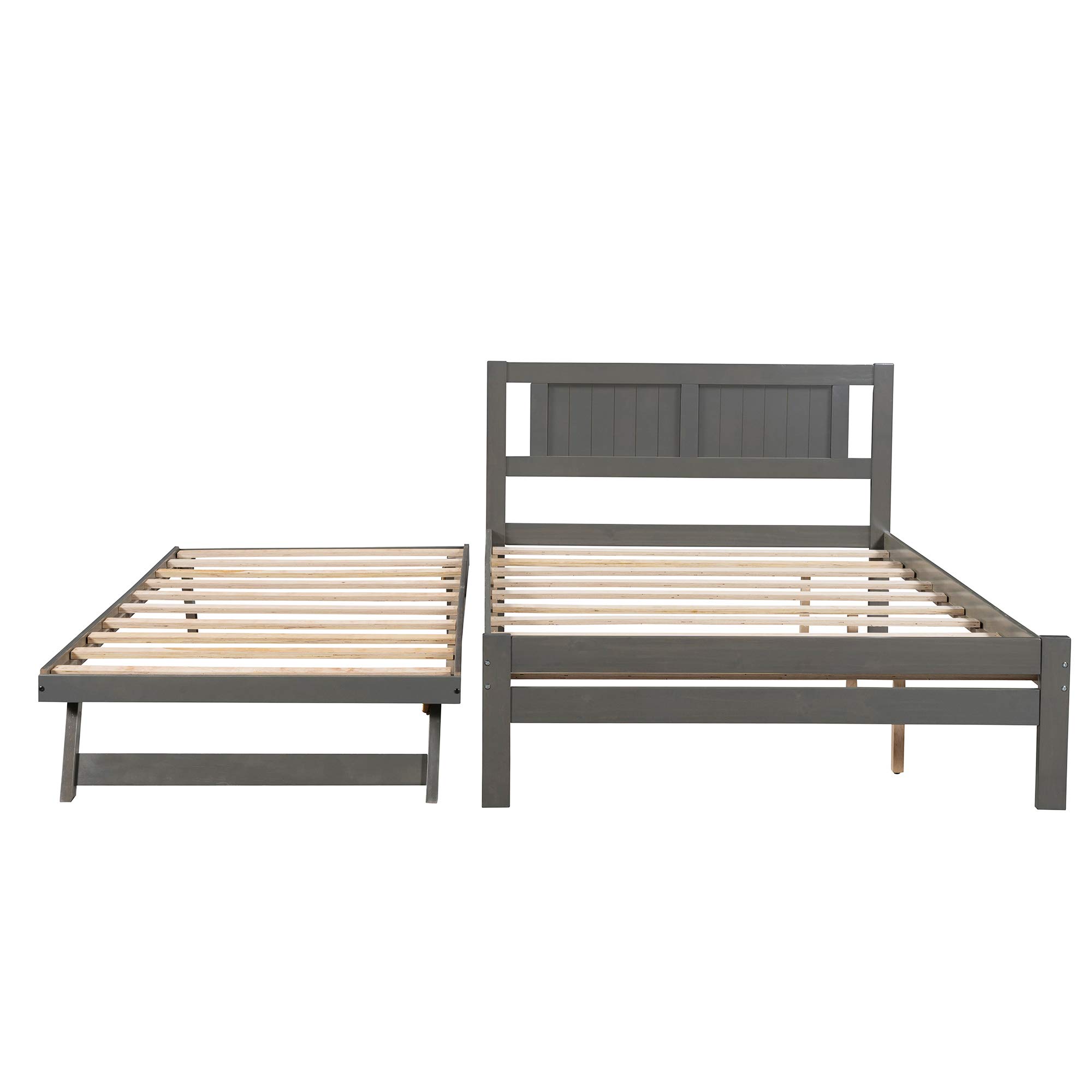 Twin Size Solid Wood Platform Bed Frame with Adjustable Pull-Out Trundle and Headboard - Space Saving Kids Bed for Small Rooms & Guest Bedrooms (Full Size, Grey)