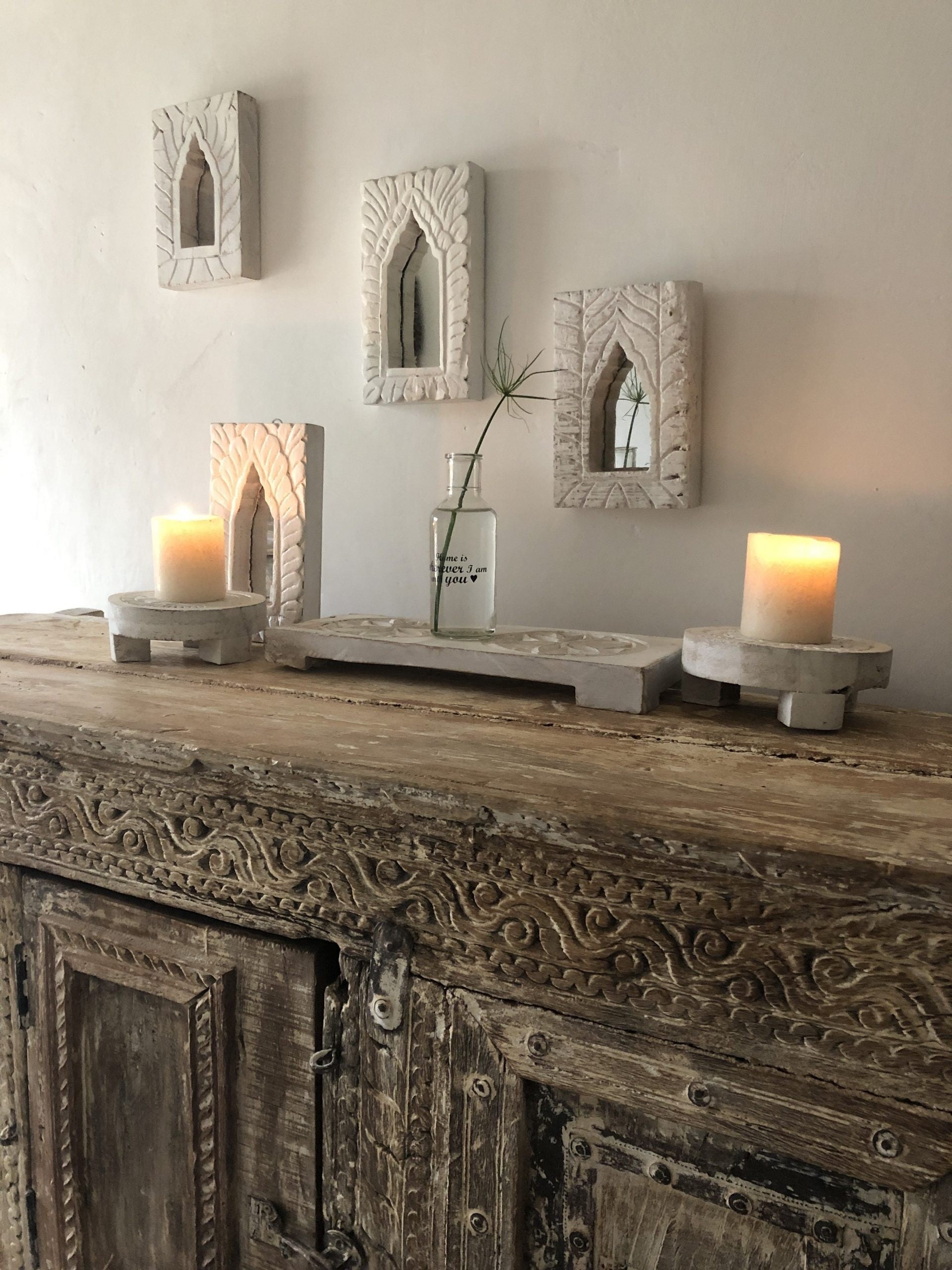 Hand Carved Indian Solid Wood Temple Mirror - 23cm Whitewashed Wall Decor for Boho, Farmhouse & Meditation Spaces - Perfect for Home, Office & Yoga Studio Décor
