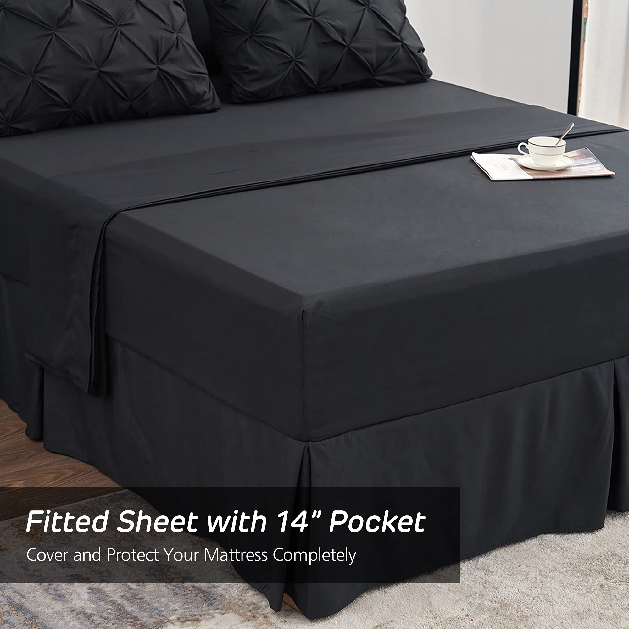 HAOK 8-Piece Pinch Pleat Bedding Comforter Set - 500GSM Microfiber Down Alternative Comforter with Pintuck Design (Black, King Size) for Luxury Master Bedroom & Guest Room Decor