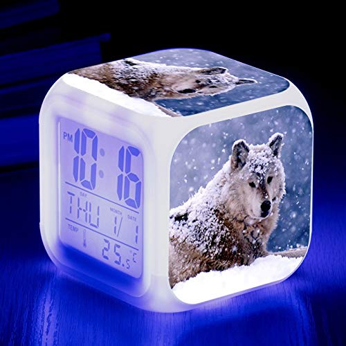 Totots Anime Square Alarm Clock - Gray Wolf Design, Color Changing LED Night Light, Silent Non-Ticking Electronic Clock for Bedroom & Office | Perfect Gift for Anime Fans, Teens & Home Decor