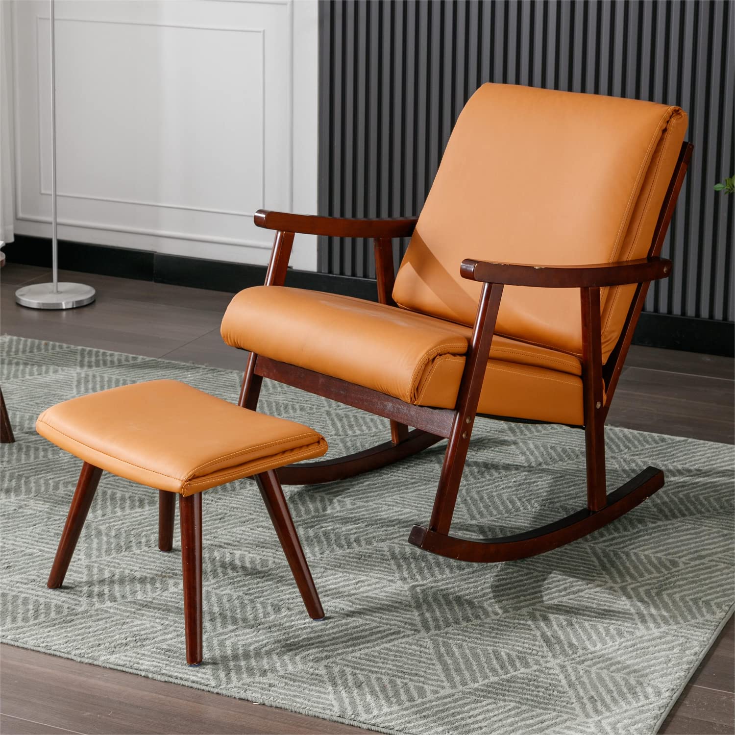Okeysen Mid Century Modern Rocking Chair with Ottoman - Upholstered Leather Nursery Glider, Baby Nursing Chair & Lounge Armchair for Living Room, Bedroom - Perfect for Relaxing, Nursing & Nursery Decor