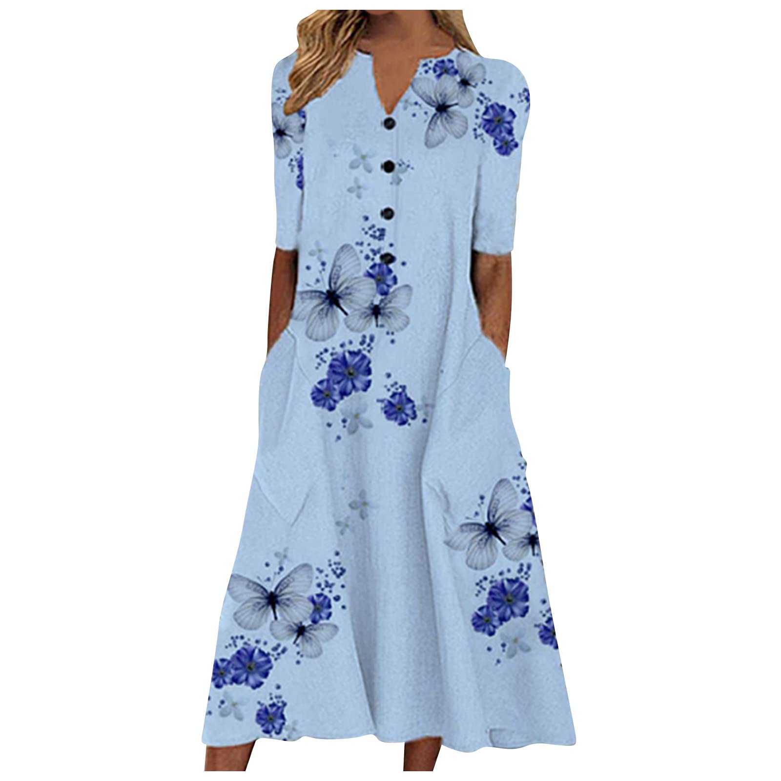 Women's Casual Short Sleeve Midi Dress with V-Neck & Button Pockets - Plus Size T-Shirt Beach Dress for Summer Outfits, Vacations and Casual Wear