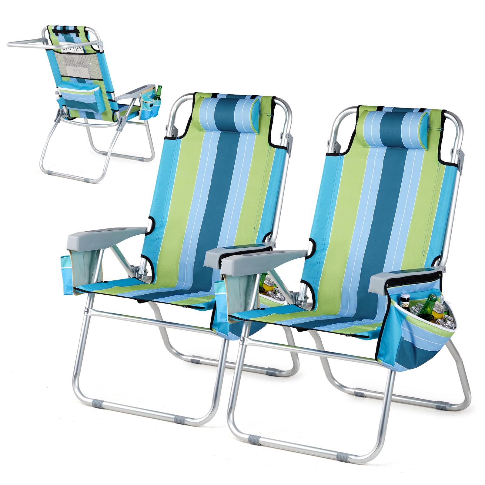 VINGLI 2 Pack Tall Beach Chairs with 5-Position Recline, Cooler Bag, Cup Holders & Towel Bar - Lightweight Folding Camping Chairs for Adults (Blue/Green) - Perfect for Beach, Poolside, Backyard, Camping & Outdoor Relaxation