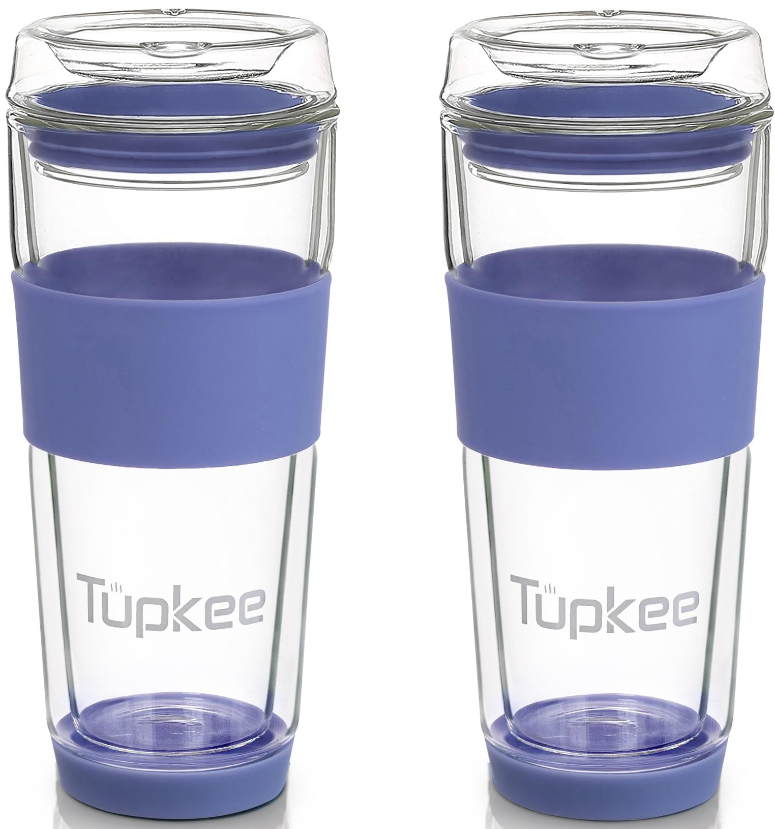 **Tupkee 14-Oz Double Wall Insulated Glass Tumbler - Reusable Coffee & Tea Travel Mug with Lid, Hand-Blown Glass, Jacaranda Color - 2 Pack - Perfect for Hot/Cold Drinks On-The-Go**