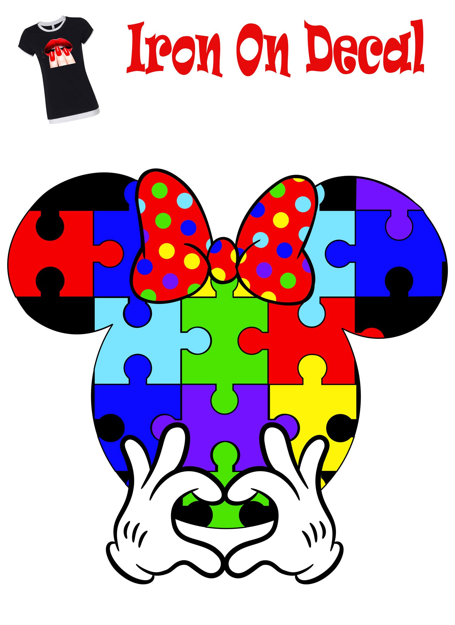 Minnie Mouse Autism Awareness Iron On Heat Transfer Sticker with Heart and Bow - 7 Inch Decal for T-Shirts, Bags, Hats - Perfect for DIY Crafts, Autism Support Events, and Kids Apparel