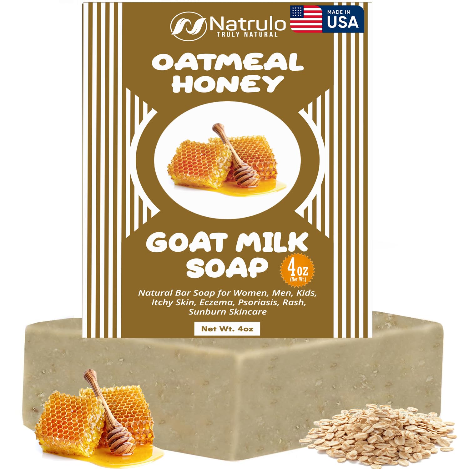 Natural Cactus Honey & Oats Goat Milk Soap Bar 4 oz - Moisturizing Bar Soap for Dry, Itchy Skin, Eczema & Psoriasis Relief - Gentle Face Cleanser & Body Wash for Women, Men & Kids - Soothes Sunburn & Skin Rash - Perfect for Sensitive Skin Care & Daily Bath Routine