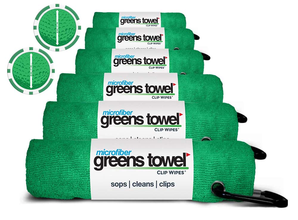 6 Pack Premium Green Golf Clip Towels with 2 Poker Chip Ball Markers - 16x16 Inch Plush Microfiber Nap Fabric - Original Value Set with 2 Speed Dial Markers (Shamrock Green) - Perfect for Golf Courses, Driving Ranges & Clubhouse Use