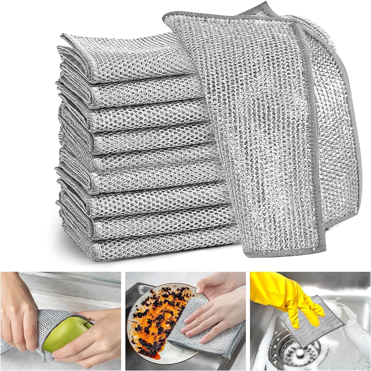 Premium Non-Scratch Wire Dish Cloths - 3 Pack Multipurpose Kitchen Cleaning Rags for Wet & Dry Use | Gentle on Dishes, Countertops, Sinks | Ideal for Washing, Scrubbing & Polishing