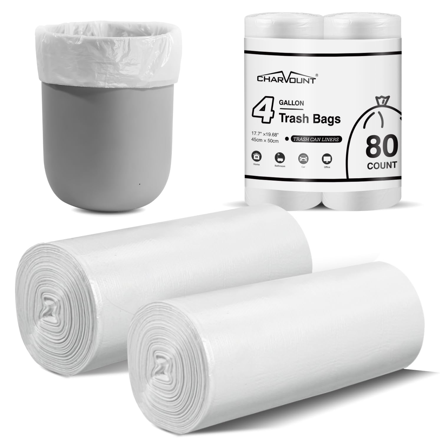 Charmount 4 Gallon Small Trash Bags - 80 Count Clear Unscented Garbage Bags for Bathroom, Kitchen, Bedroom | Perfect for Small Waste Bins, Diaper Pails, Office Desks & RVs