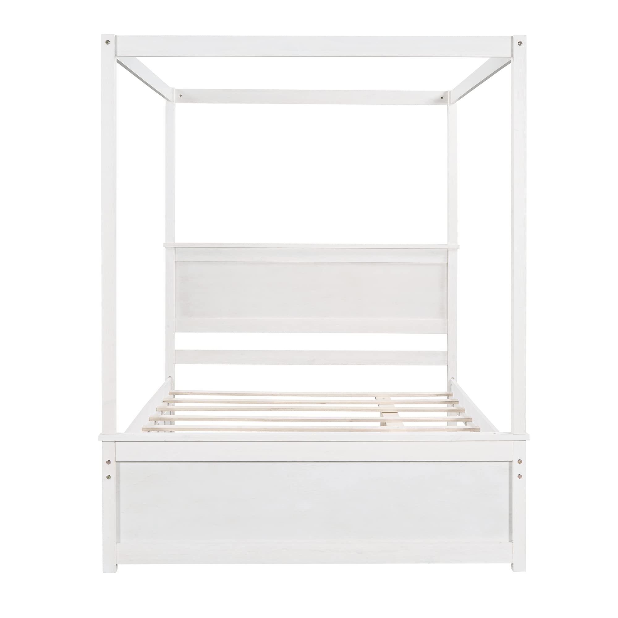 MERITLINE Full Size Canopy Bed with Trundle - Solid Wood Platform Bed Frame with Headboard & Footboard - Modern Slat Support Design for Kids, Teens & Adults - Perfect for Bedrooms, Guest Rooms & Dormitories (White)