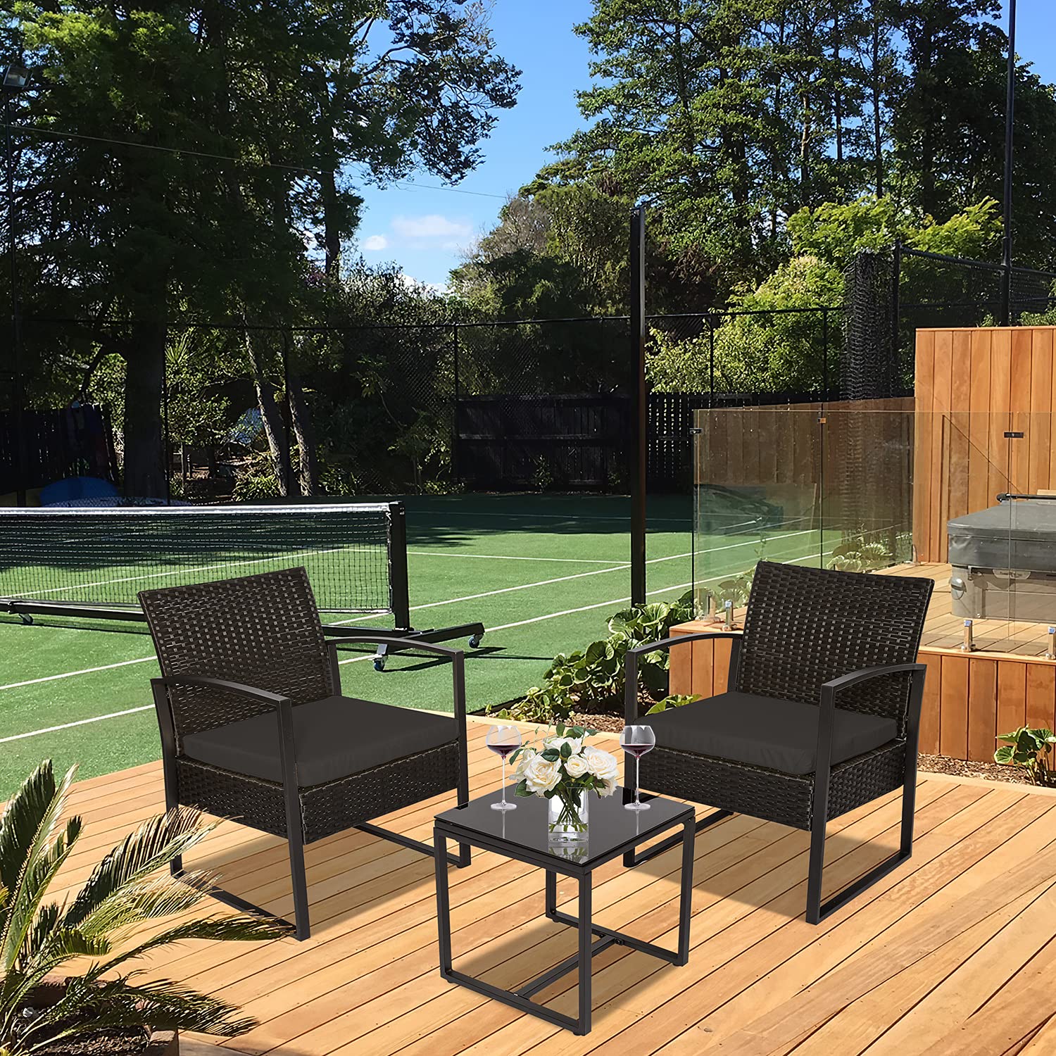 3-Piece Outdoor Patio Furniture Set - Modern Wicker Bistro Set with Rattan Chairs & Coffee Table - Black - Perfect for Garden, Balcony, and Backyard Relaxation