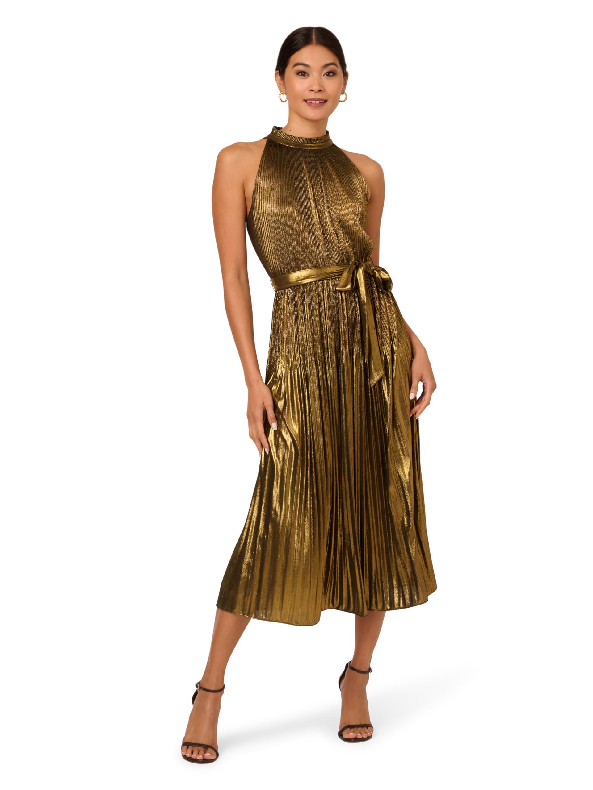 Adrianna Papell Women's Elegant Halter Pleated Metallic Cocktail Dress for Evening Parties & Special Occasions