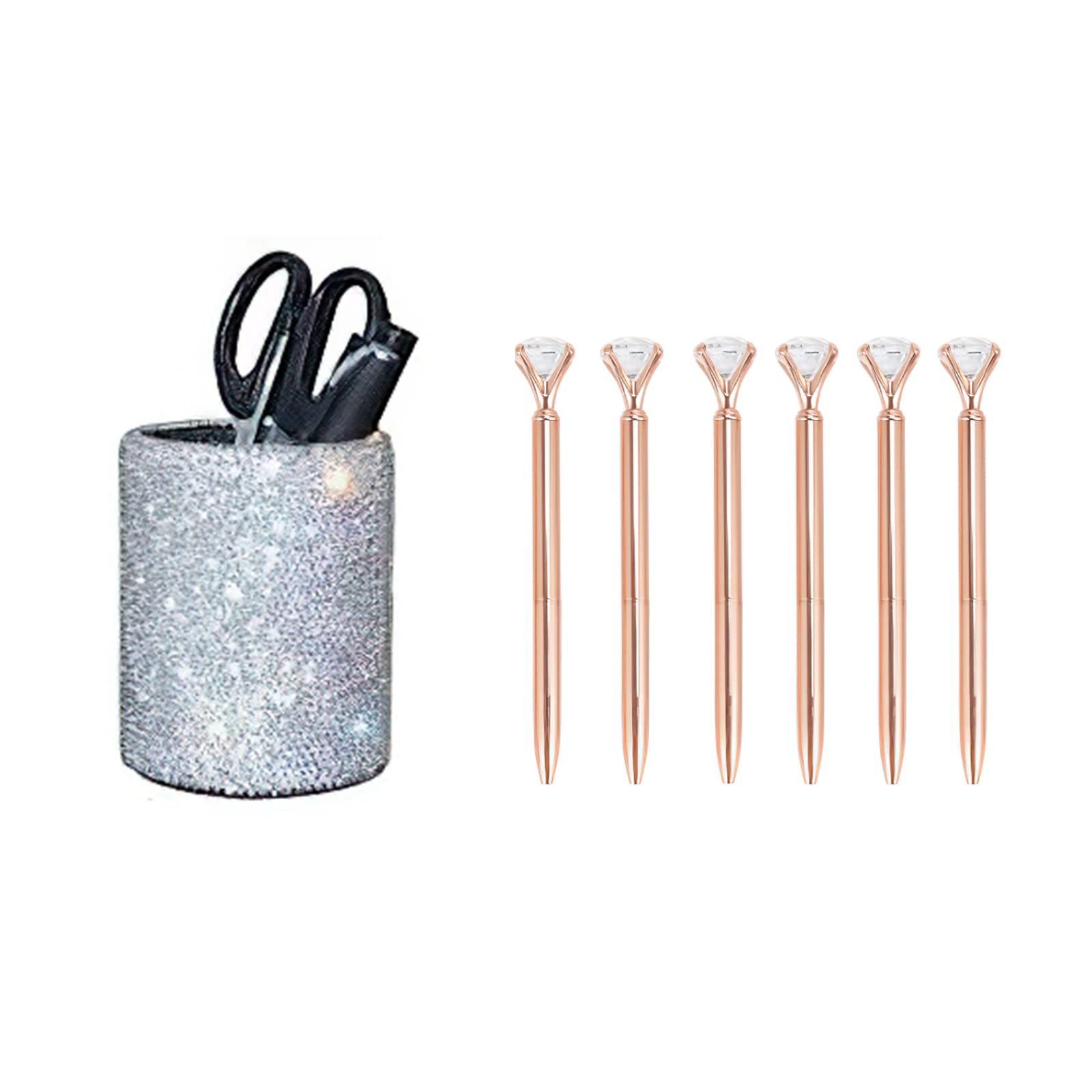 6-Pack Ballpoint Pens with Fashionable Gold & Bling Rhinestone Design - Round Pencil Pen Holder & Cosmetic Brushes Organizer (White) - Perfect for Office, School, Makeup Vanity & Gift Giving