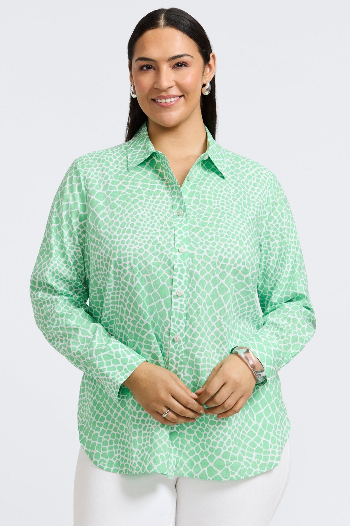 Meghan Plus Linen Giraffe Print Long Sleeve Shirt for Women - Casual Comfort Top for Work, Travel & Everyday Wear
