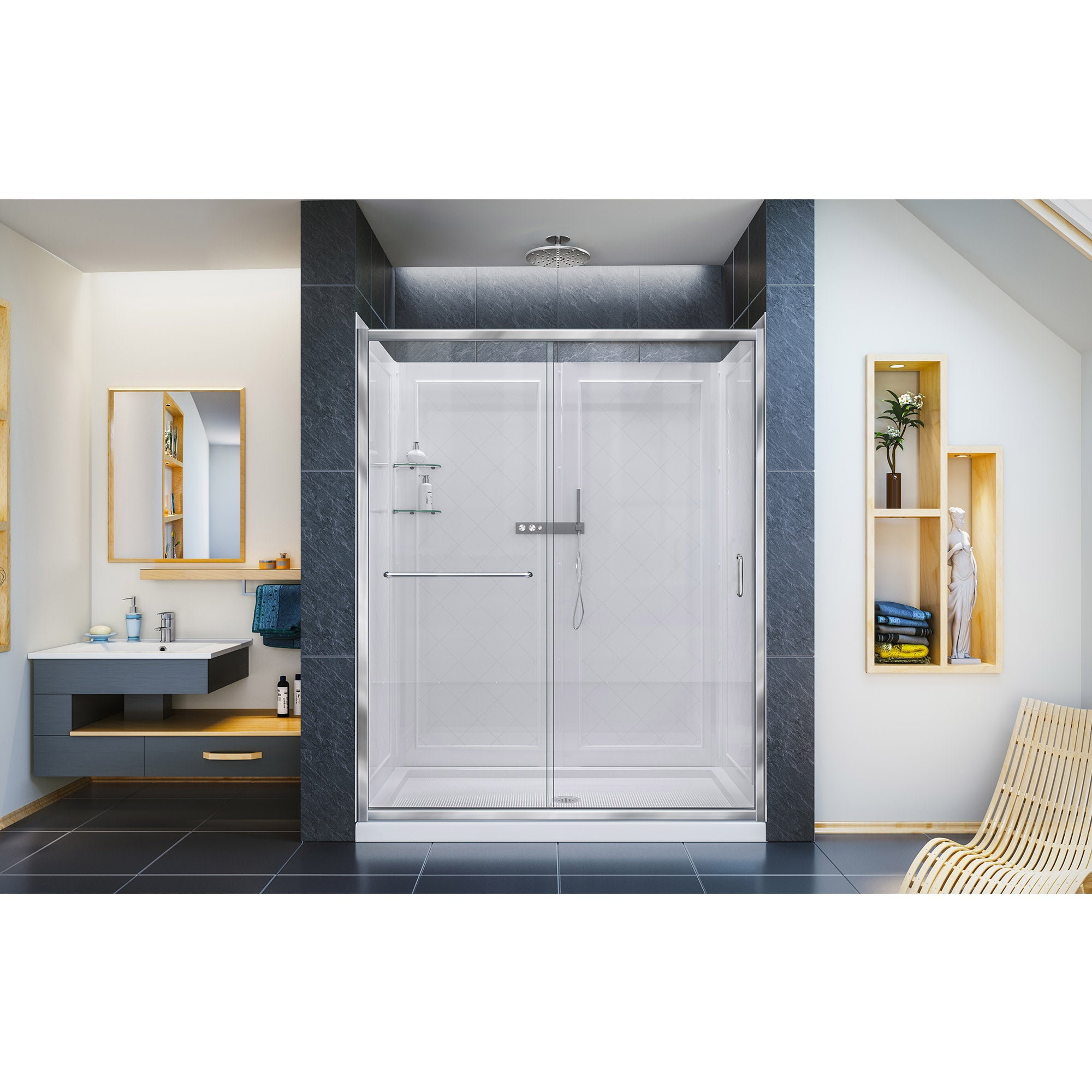 DreamLine Infinity Z 30x60x76.75 Inch Semi-Frameless Sliding Shower Door with Clear Glass, Shower Base & QWALL 5 Backwall Kit - Modern Bathroom Upgrade for Spa-Like Experience