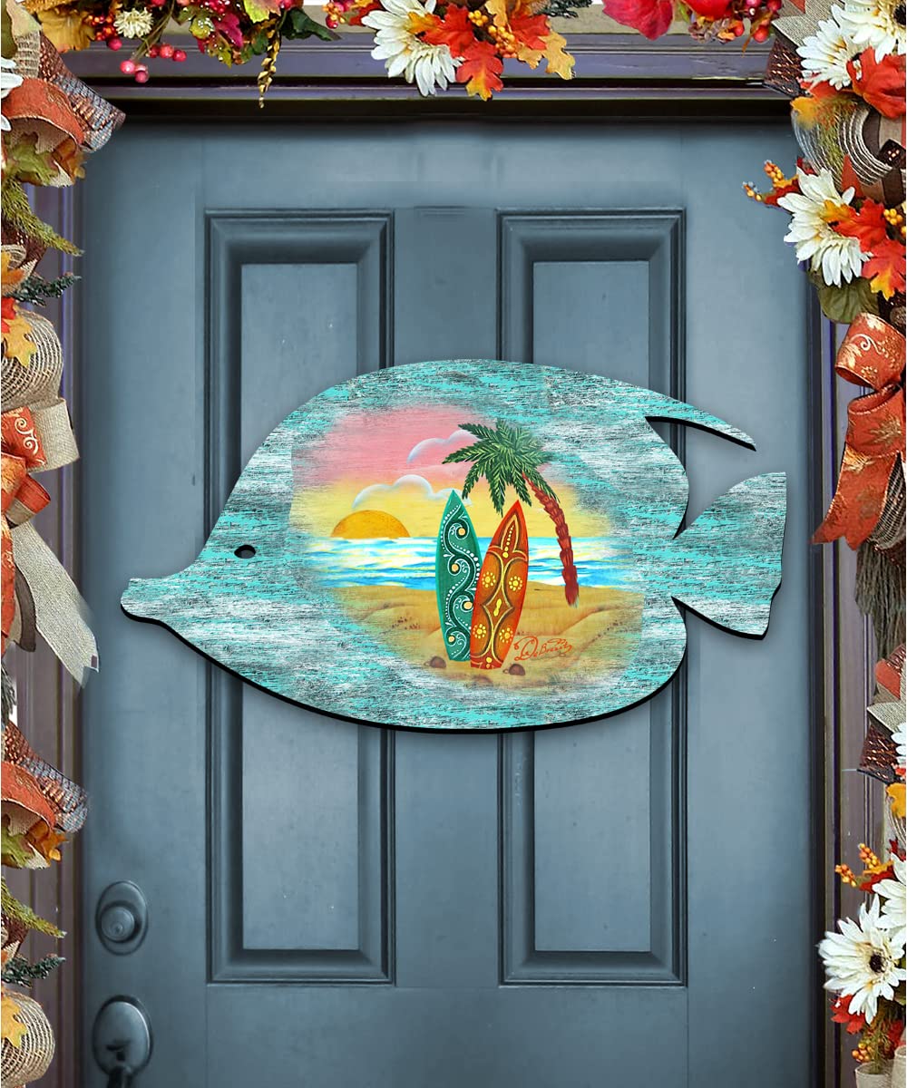Coastal Beach Decor - Handcrafted Wooden Fish Door Hanger Wall Art - Nautical Home Decor for Bathroom, Bedroom, or Porch - Perfect Beach House Gift (8198527H)
