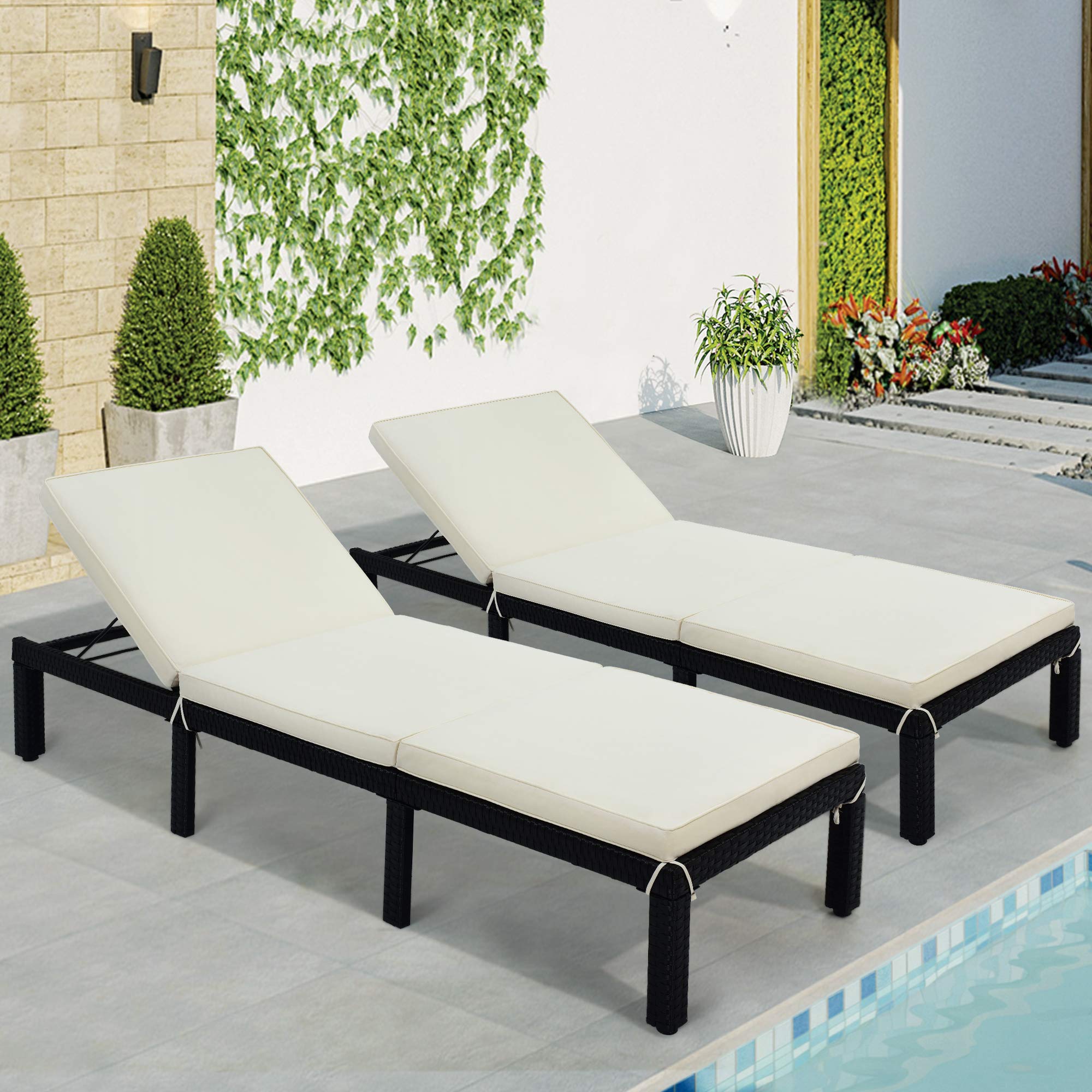 LZ LEISURE ZONE 2-Piece Adjustable PE Rattan Wicker Chaise Lounge Chair Set - Outdoor Patio Furniture for Poolside, Garden, Porch & Backyard - Beige & Black Sunbed for Relaxing, Sunbathing & Lounging