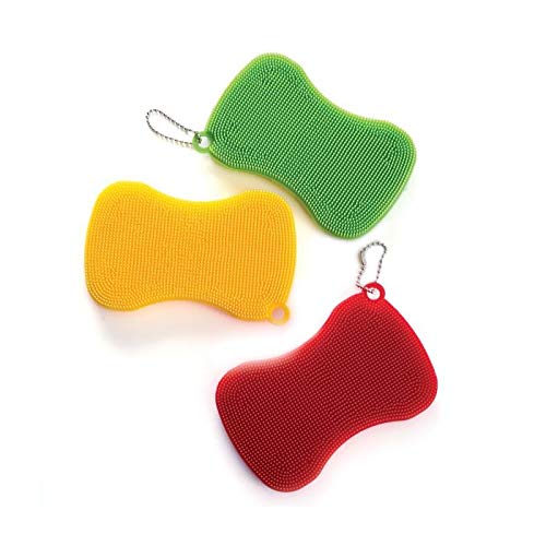 Norpro Silicone Dish Scrubbing Sponge & Vegetable Scrubber Brush Set of 3 - Non-Scratch Kitchen Cleaning Tools for Pots, Pans, Fruits & Vegetables - Dishwasher Safe & Eco-Friendly