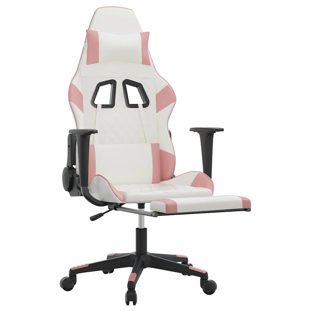 Ergonomic Massage Gaming Chair with Adjustable Footrest - White & Pink Faux Leather Recliner for PC/Console Gamers (16.55 lbs) - Perfect for Home Office, Gaming Setup & Relaxation