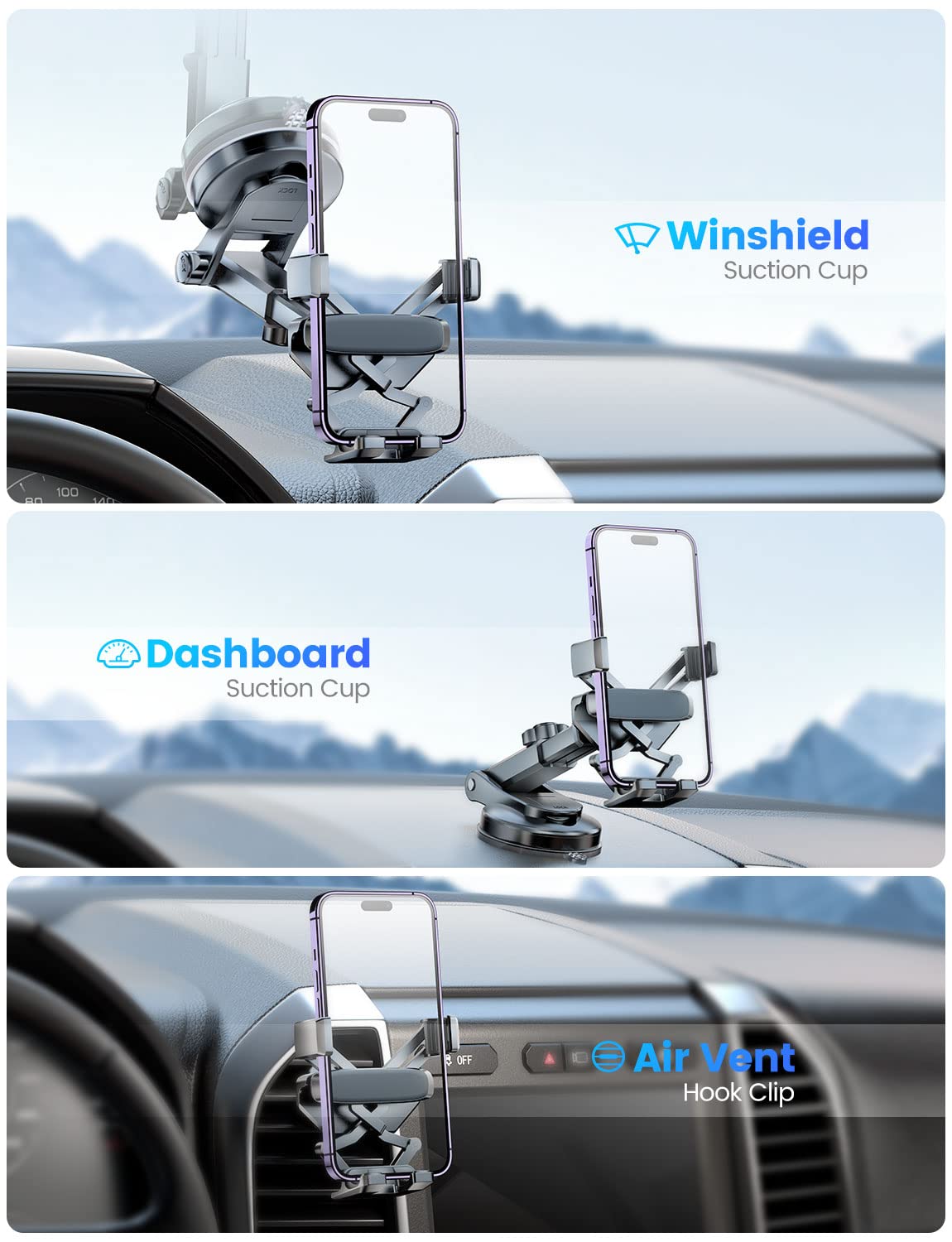 eSamcore Universal Car Phone Mount - Windshield, Vent & Dashboard Phone Holder with Gravity Suction Cup for iPhone 14/13/12, Samsung Galaxy - Secure Hands-Free Driving Accessories for GPS Navigation & Music Control