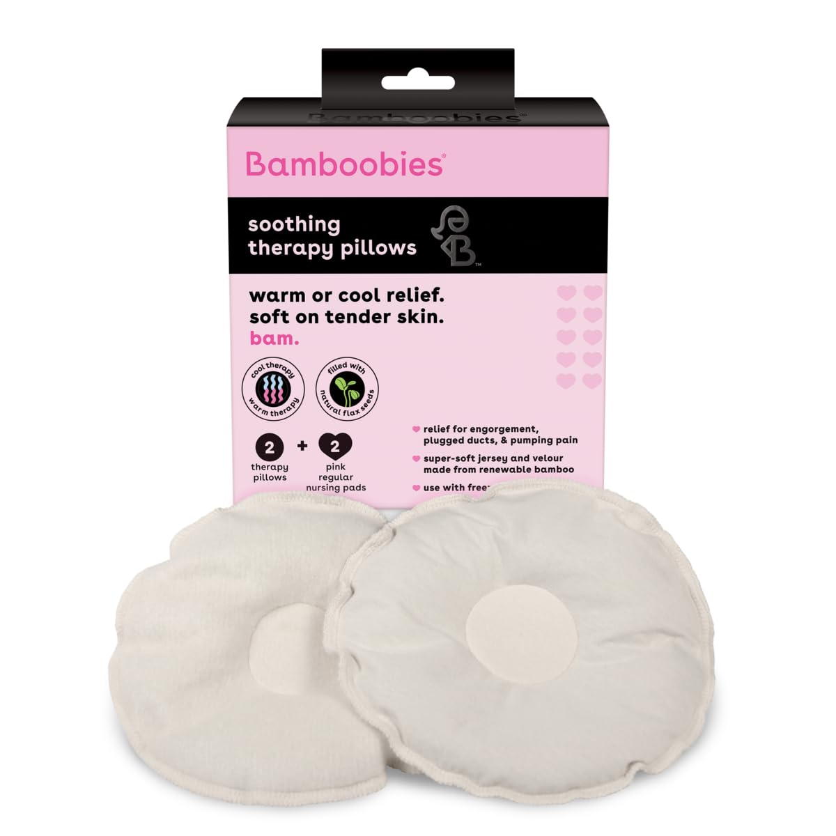 Bamboobies Reusable Nursing Pillows & Pads Set - 2 Soothing Hot/Cold Compress Pads & 2 Leak-Proof Breastfeeding Pads - Washable, Comfortable for Daytime Nursing - Perfect for Breastfeeding Moms at Home or On-the-Go