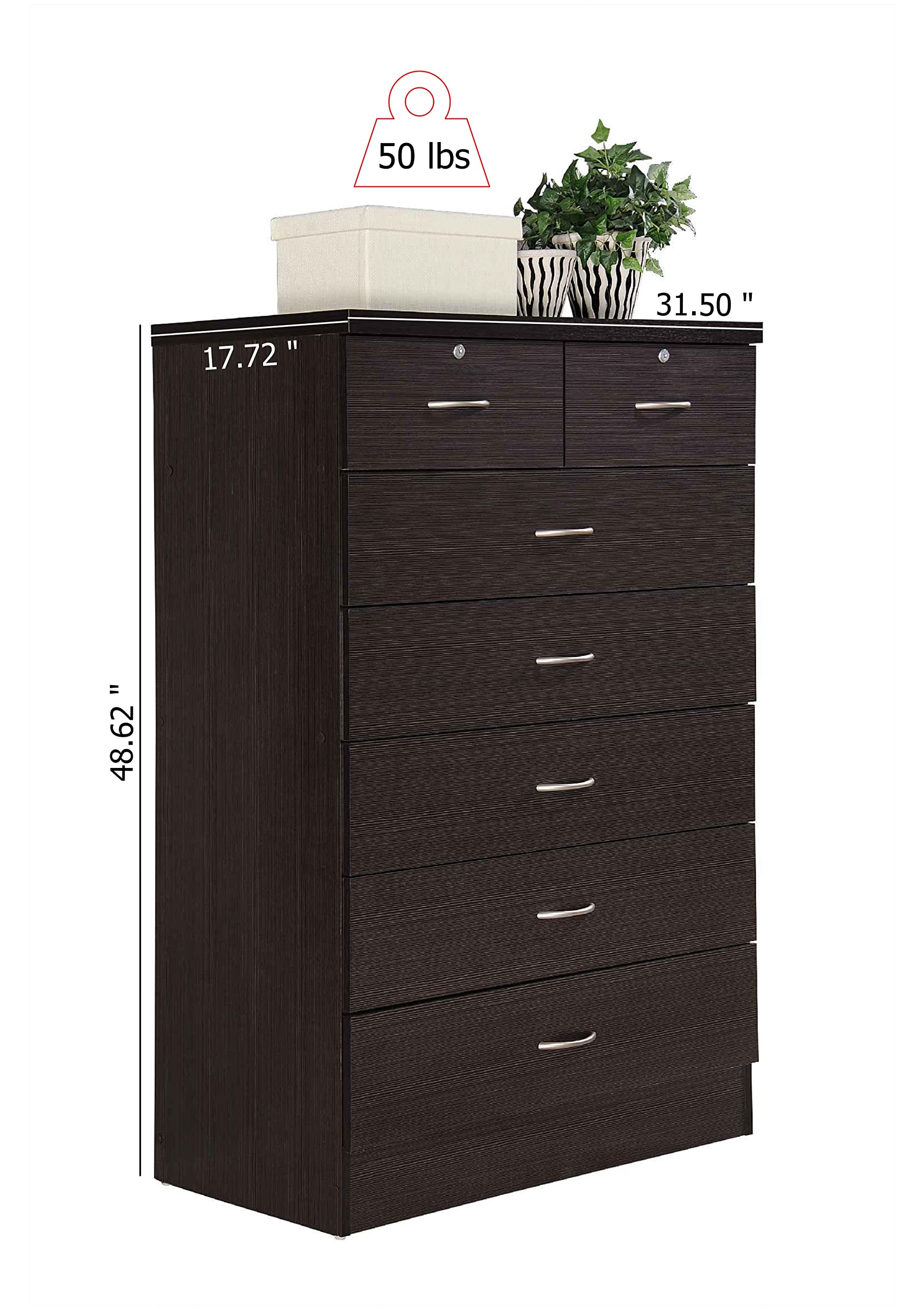 HODEDAH 7-Drawer Wooden Dresser for Bedroom - 31.5 Inch Wide Chest of Drawers with Locking Top Drawers - Chocolate Brown Storage Organizer for Clothes, Linens & Accessories - Perfect for Bedroom, Nursery or Closet Organization