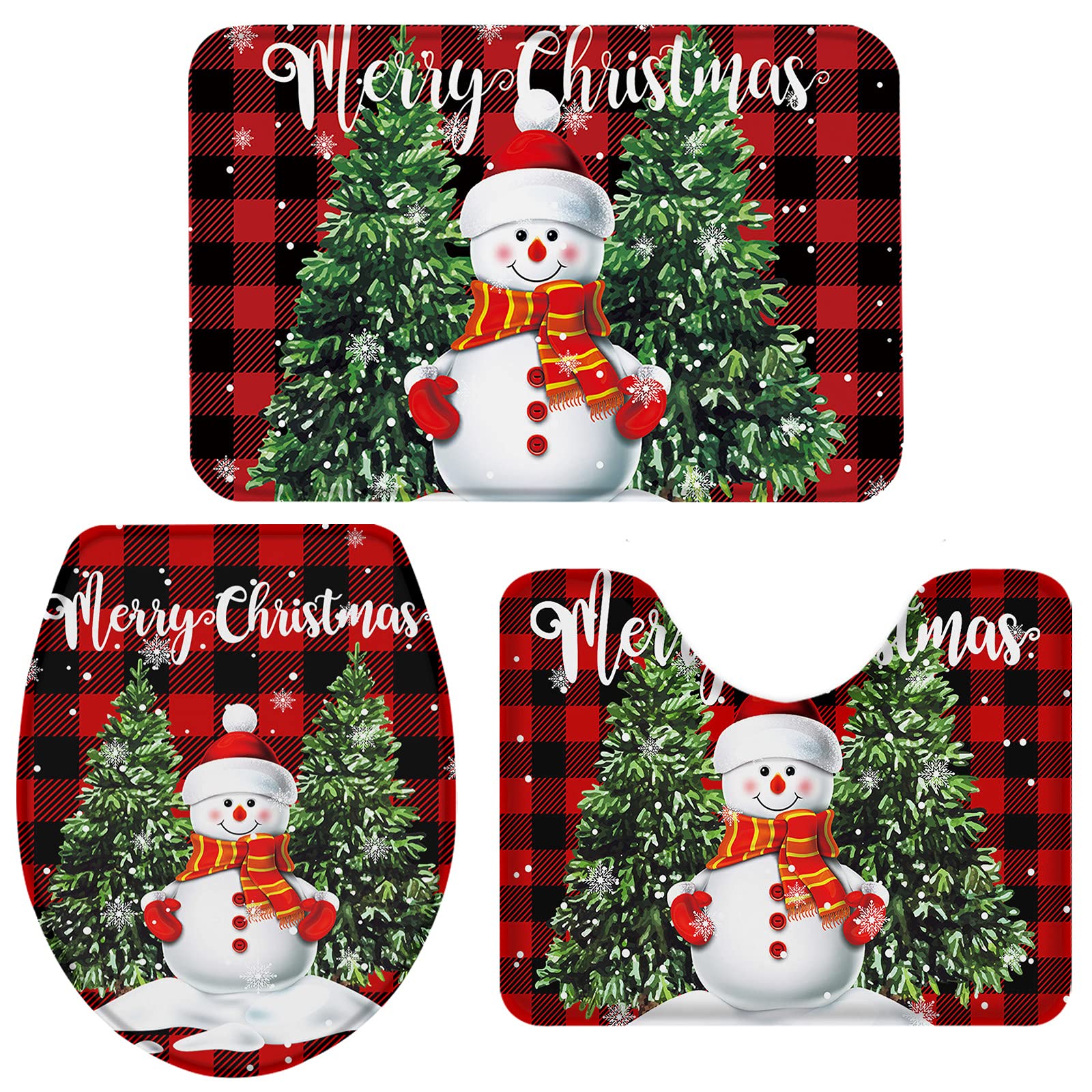 3-Piece Non-Slip Christmas Bathroom Rug Set - Snowman Tree Design Absorbent Shower Mat, Contour Mat & Toilet Cover (Red Checkered) for Holiday Decor & Cozy Bathroom Safety