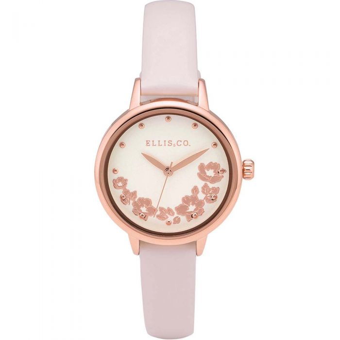 Ellis & Co 'Skylah' Women's Floral Pink Leather Watch - Elegant Fashion Accessory for Everyday Wear, Office & Special Occasions