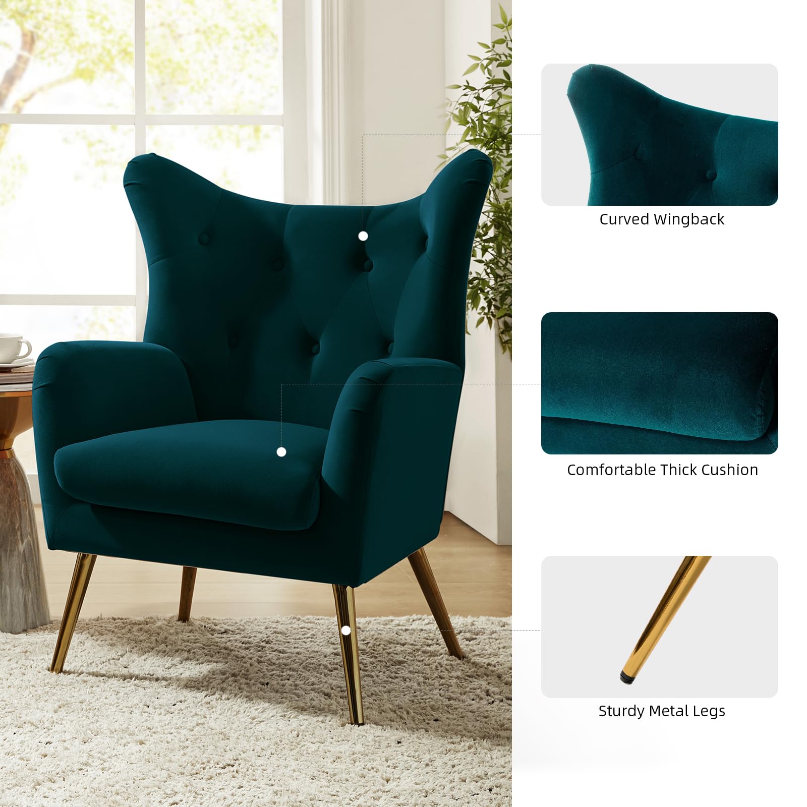 Velvet Accent Chair with Gold Metal Legs - Modern Wingback Tufted Upholstered Armchair for Living Room, Bedroom & Dining Room | Luxurious Teal Velvet Club Chair for Home Decor & Guest Seating