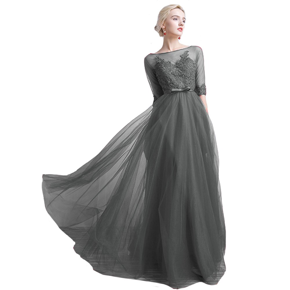 Lemai Sheer Bateau Neckline Half Sleeve Long Tulle Lace Applique Formal Evening Prom Dress for Women - Perfect for Weddings, Galas & Special Occasions