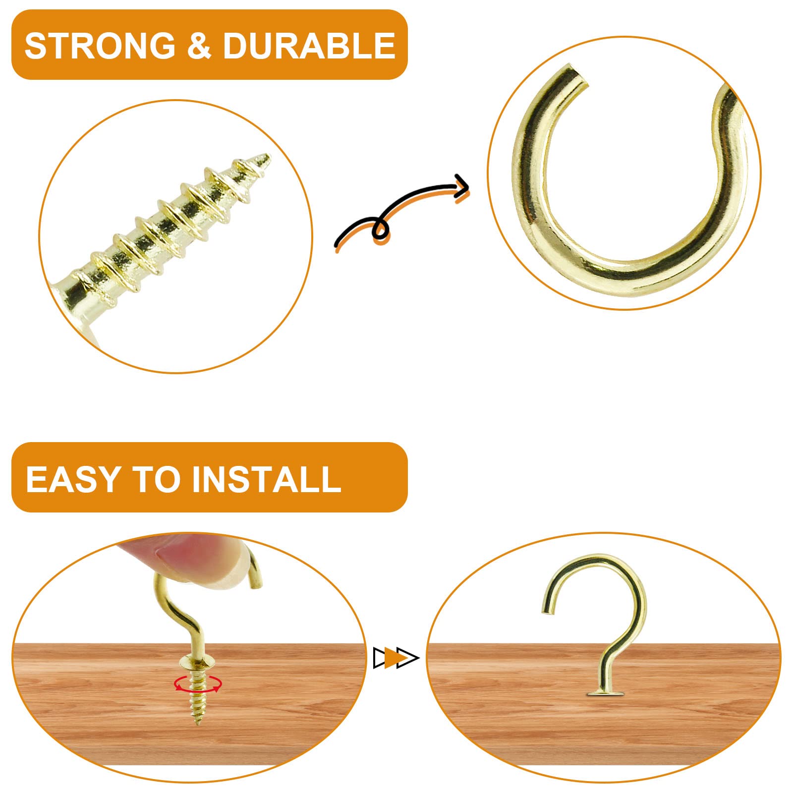Biaungdo 100 Pack 3/4 Inch Gold Ceiling Hooks with Self-Tapping Screws - Heavy Duty Cup Hooks for Hanging Plants, Lights, Decorations in Home, Kitchen, Bathroom, Garage