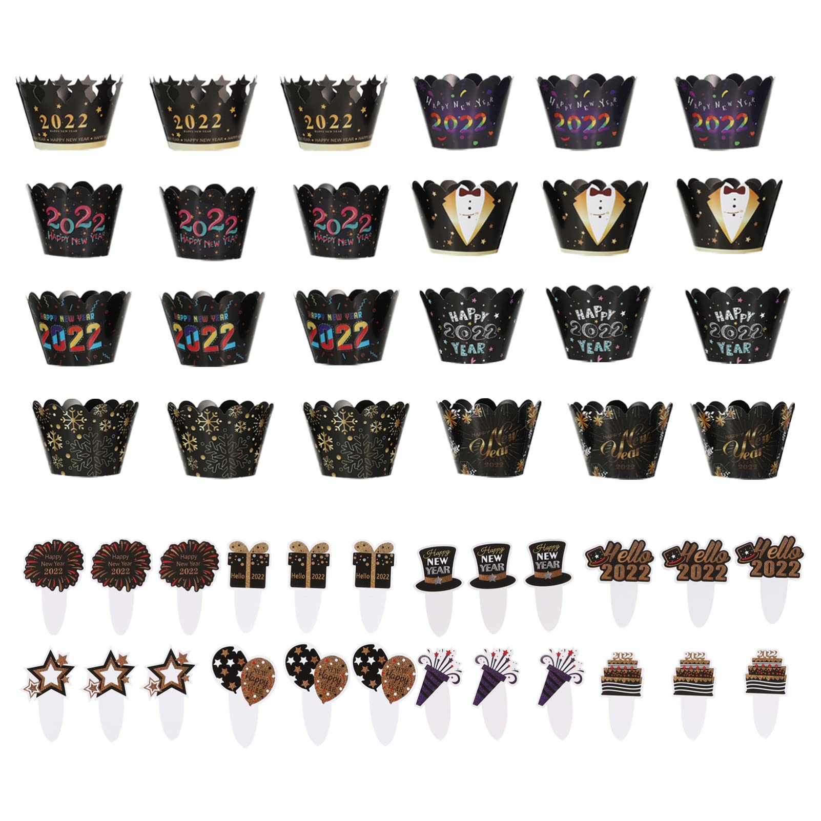 48pcs Happy New Year Cupcake Toppers & Wrappers Set - Cheers to 2022 Cake Decorations for New Year's Eve Party, Birthday, Wedding & Holiday Celebrations (24 Toppers + 24 Wrappers)