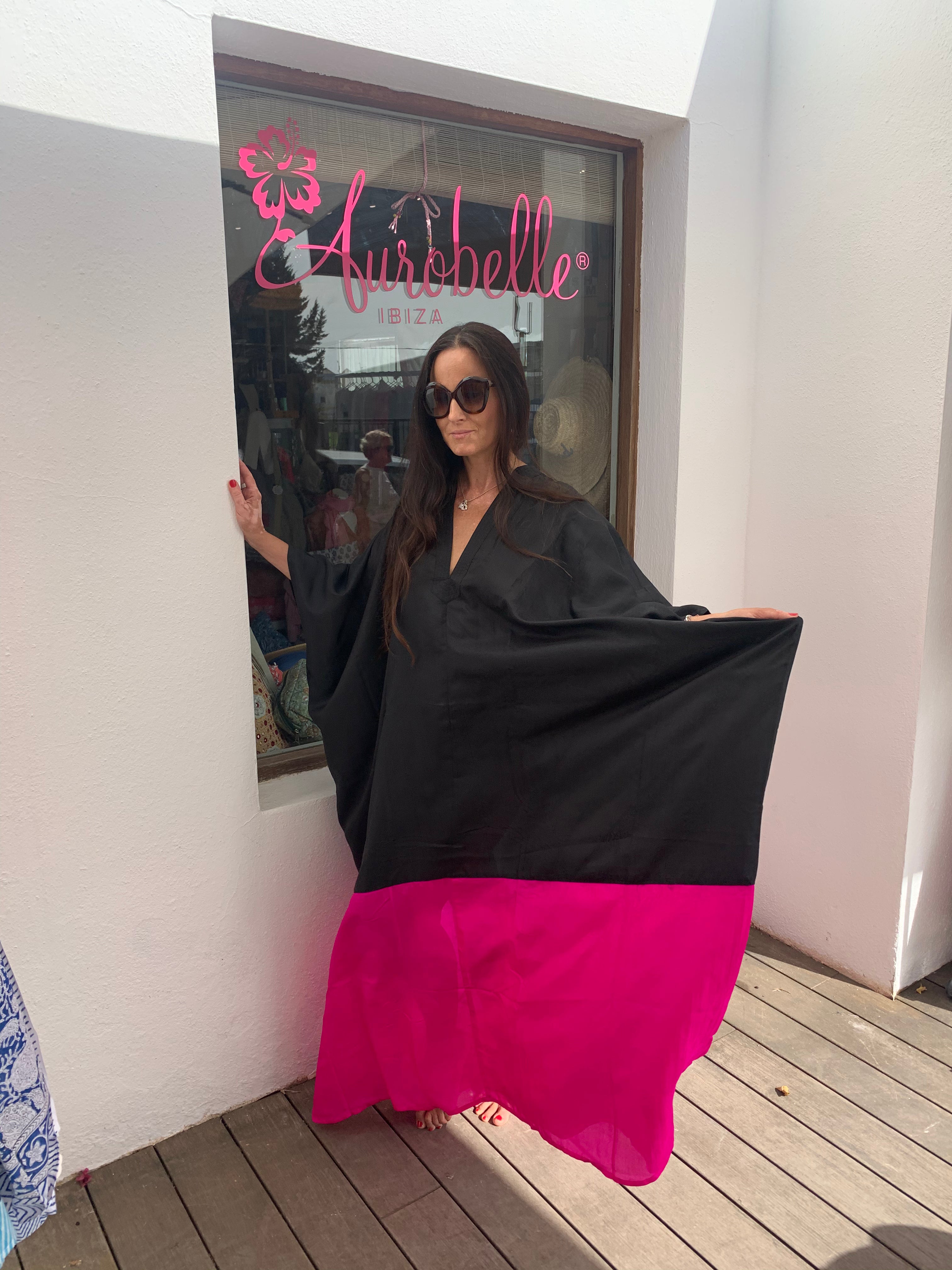 Luxury Silk Kaftan Dress for Women - Black & Pink Medium Length Elegant Loungewear for Home, Beach, and Special Occasions