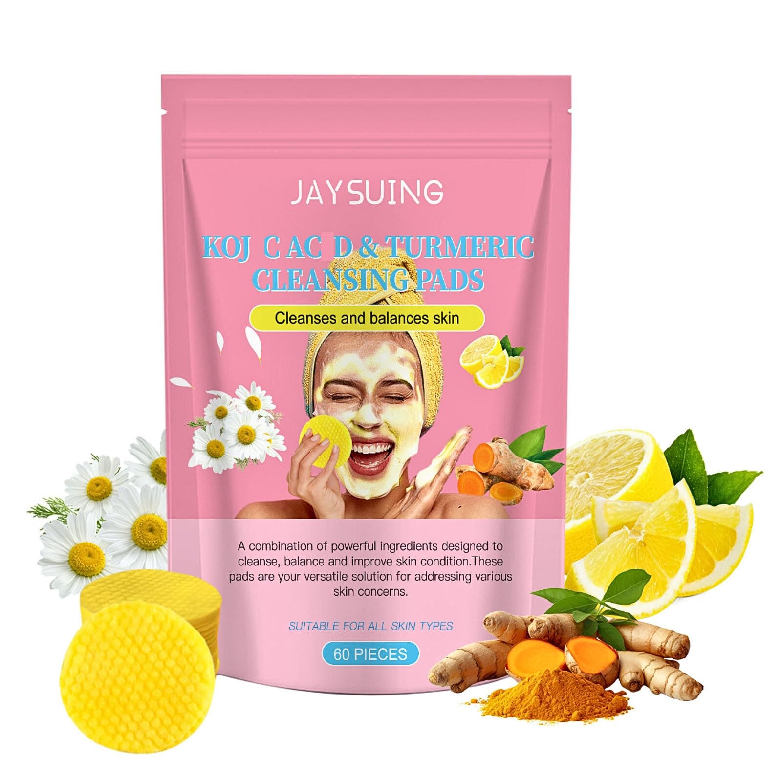 60 Pcs Turmeric & Kojic Acid Cleansing Pads - Exfoliating Face & Body Scrub for Brightening, Oil Control & Acne Treatment - Suitable for All Skin Types - Perfect for Daily Skincare Routine & Travel